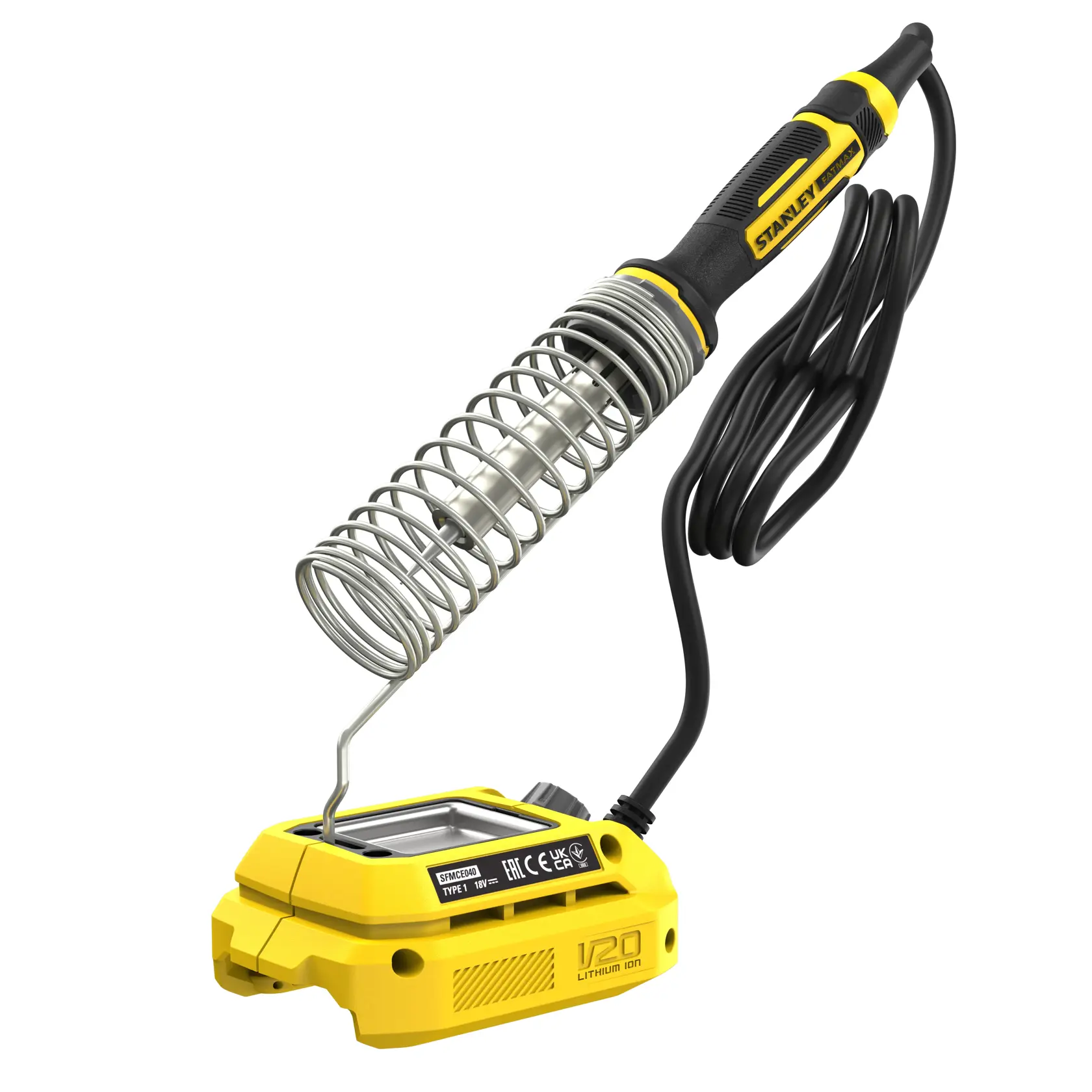 STANLEY SFMCE040B Lötkolben mit schwarzem und gelbem Griff, Spiralenhalter und Strombasis auf weißem Hintergrund.