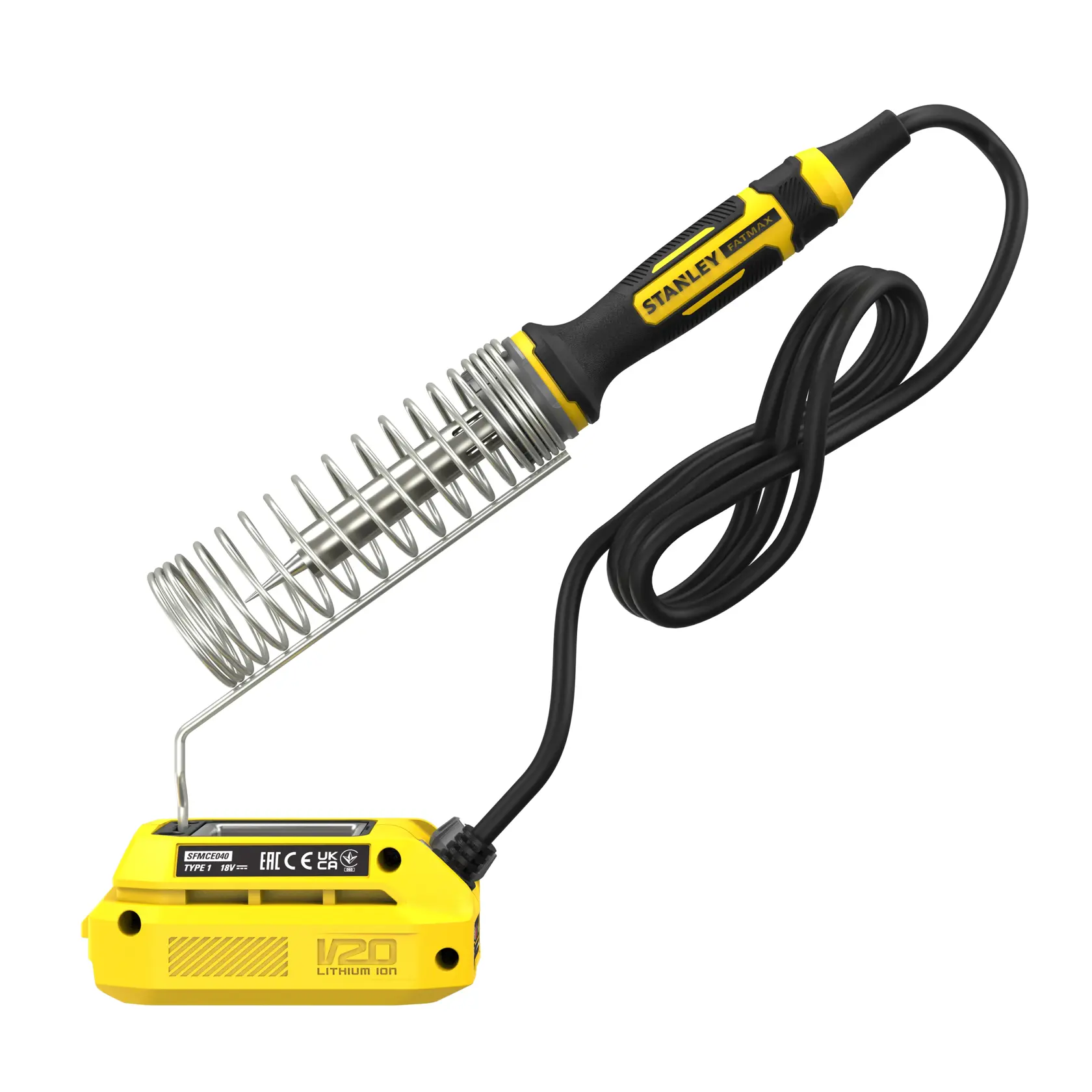 STANLEY SFMCE040B kabelloser Lötkolben mit gelb-schwarzem Griff, V20 Lithium-Ionen-Akku, Vorderansicht.
