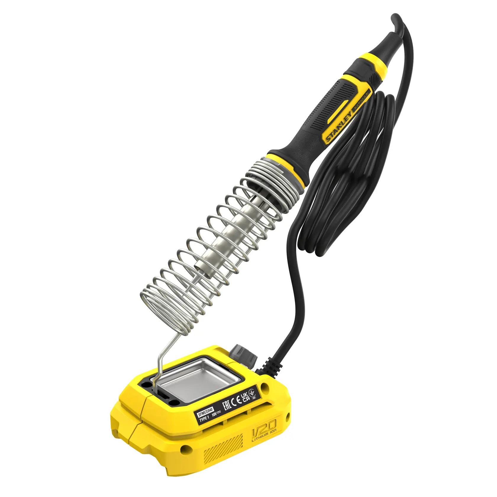 STANLEY SFMCE040B Lötkolben mit gelb-schwarzem Griff auf weißem Hintergrund, mit Basis und Spiralhalter.