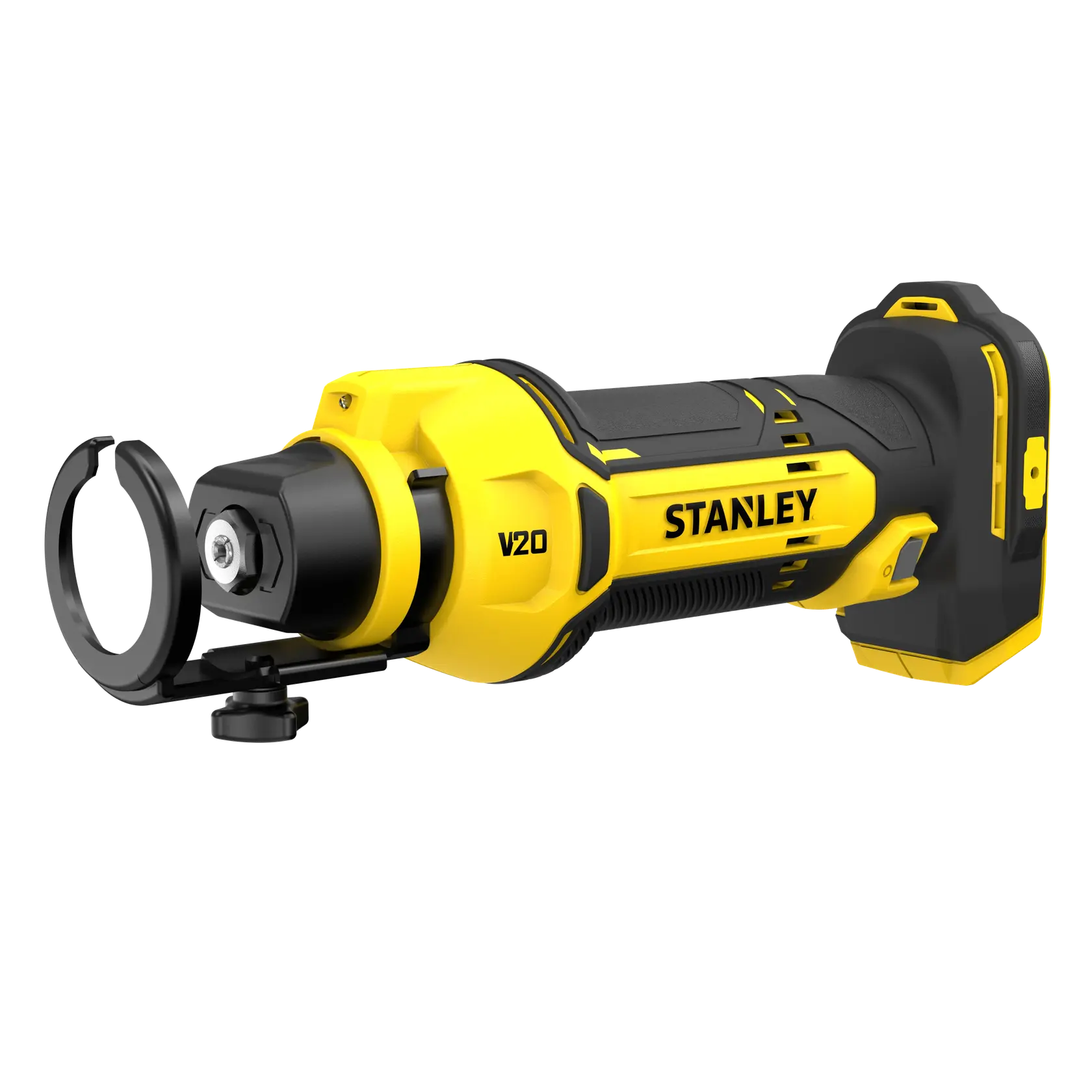 STANLEY SFMCE200B kabelloses gelb-schwarzes Rotationswerkzeug Seitenansicht auf weißem Hintergrund.
