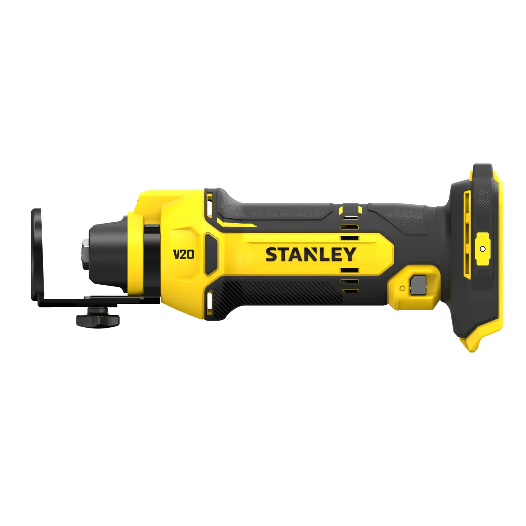 STANLEY SFMCE200B Drehwerkzeug gelb und schwarz, Seitenansicht auf weißem Hintergrund.