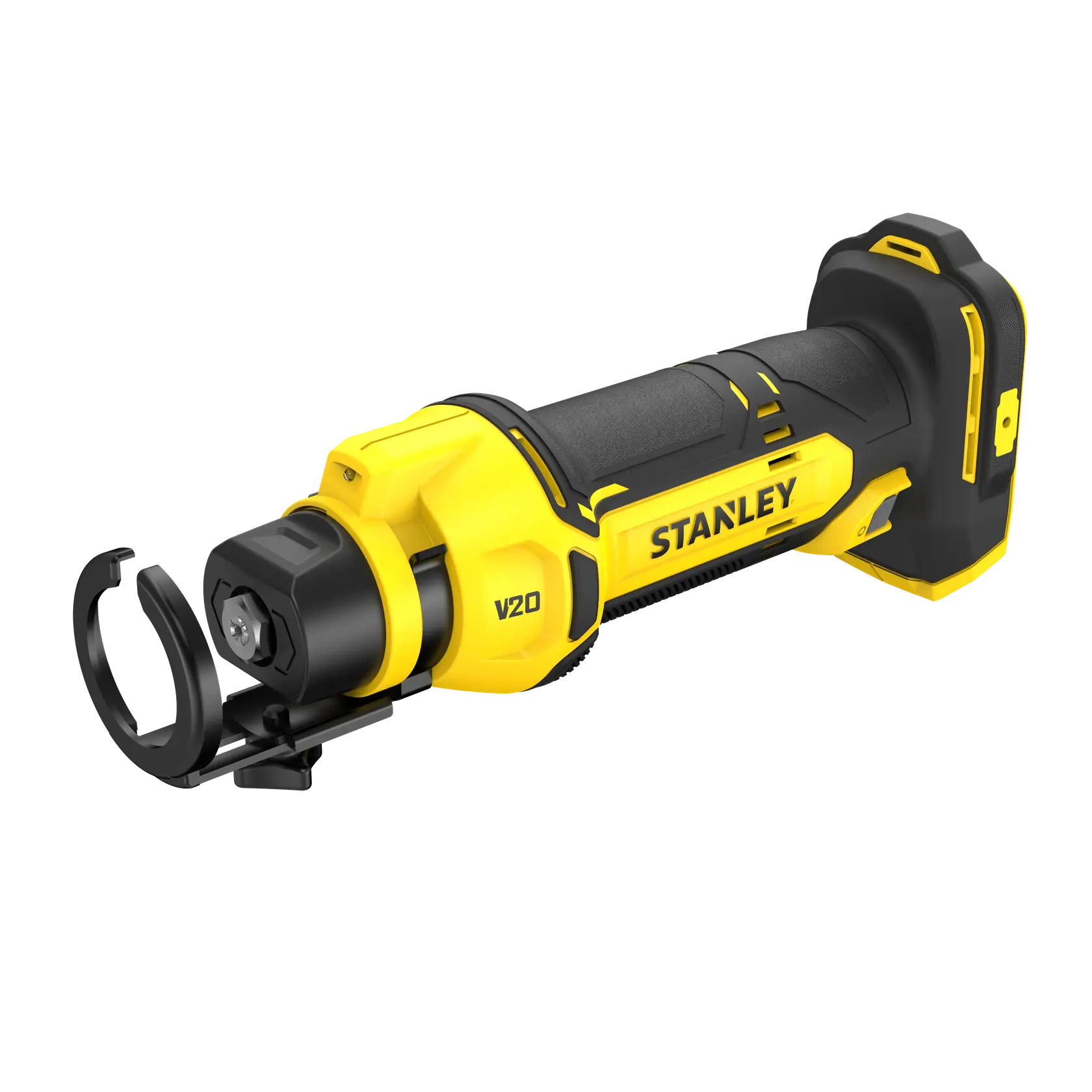 STANLEY SFMCE200B Fotografie von gelb-schwarzem kabellosem Rotationswerkzeug, schräg auf weißem Hintergrund.