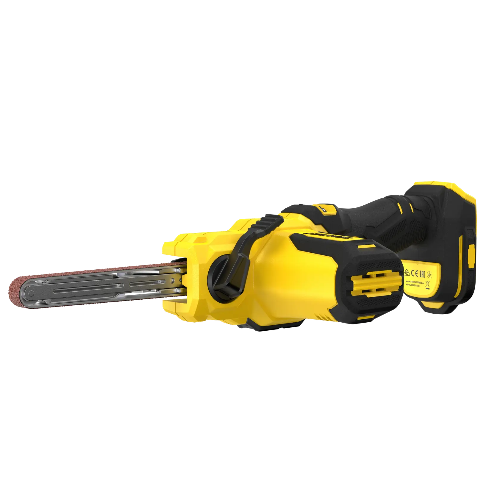 STANLEY SFMCE210B Akku-Bandschleifer, gelb und schwarz, Seitenansicht auf weißem Hintergrund.