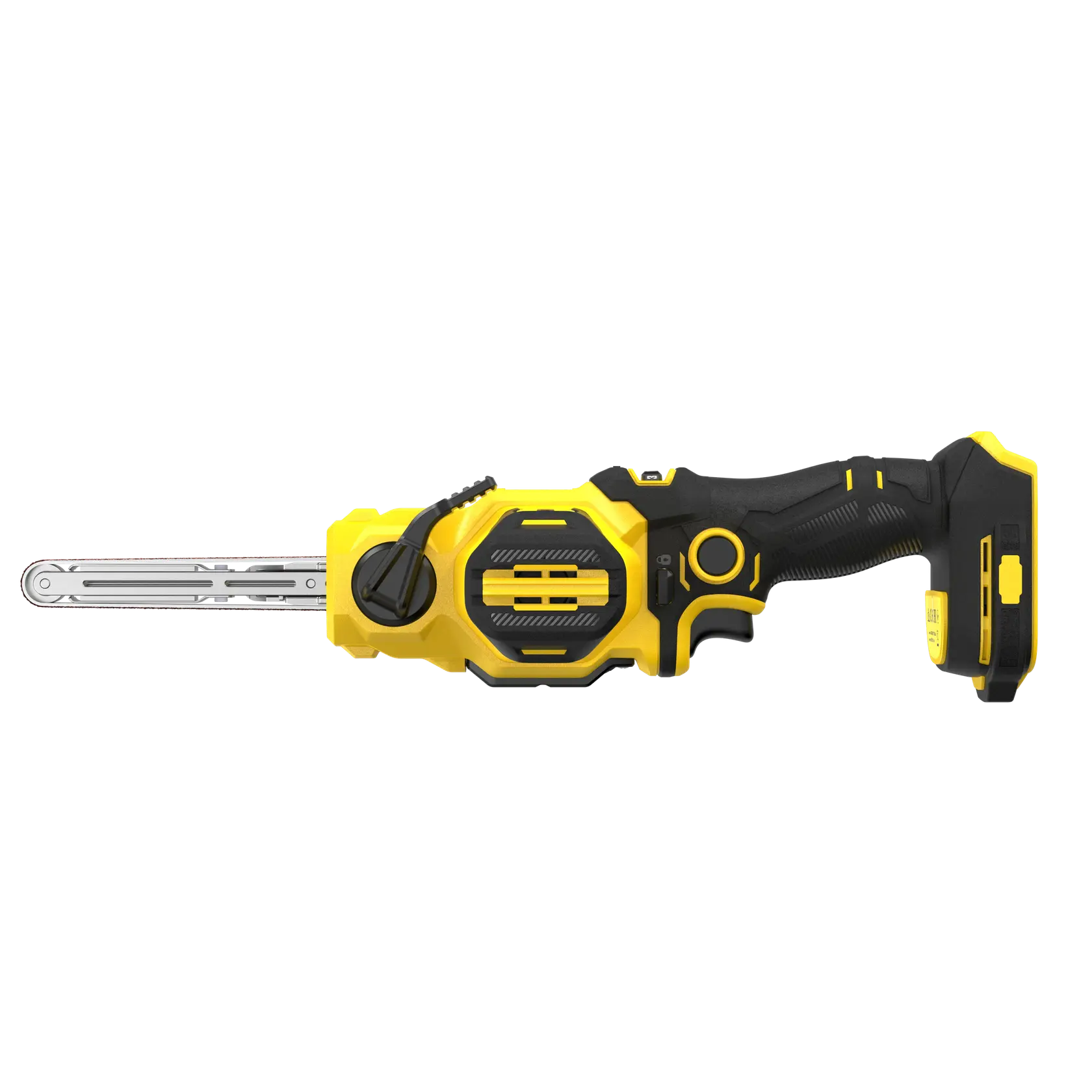 STANLEY SFMCE210B Akku-Bandschleifer, gelb und schwarz, Seitenansicht, weißer Hintergrund.