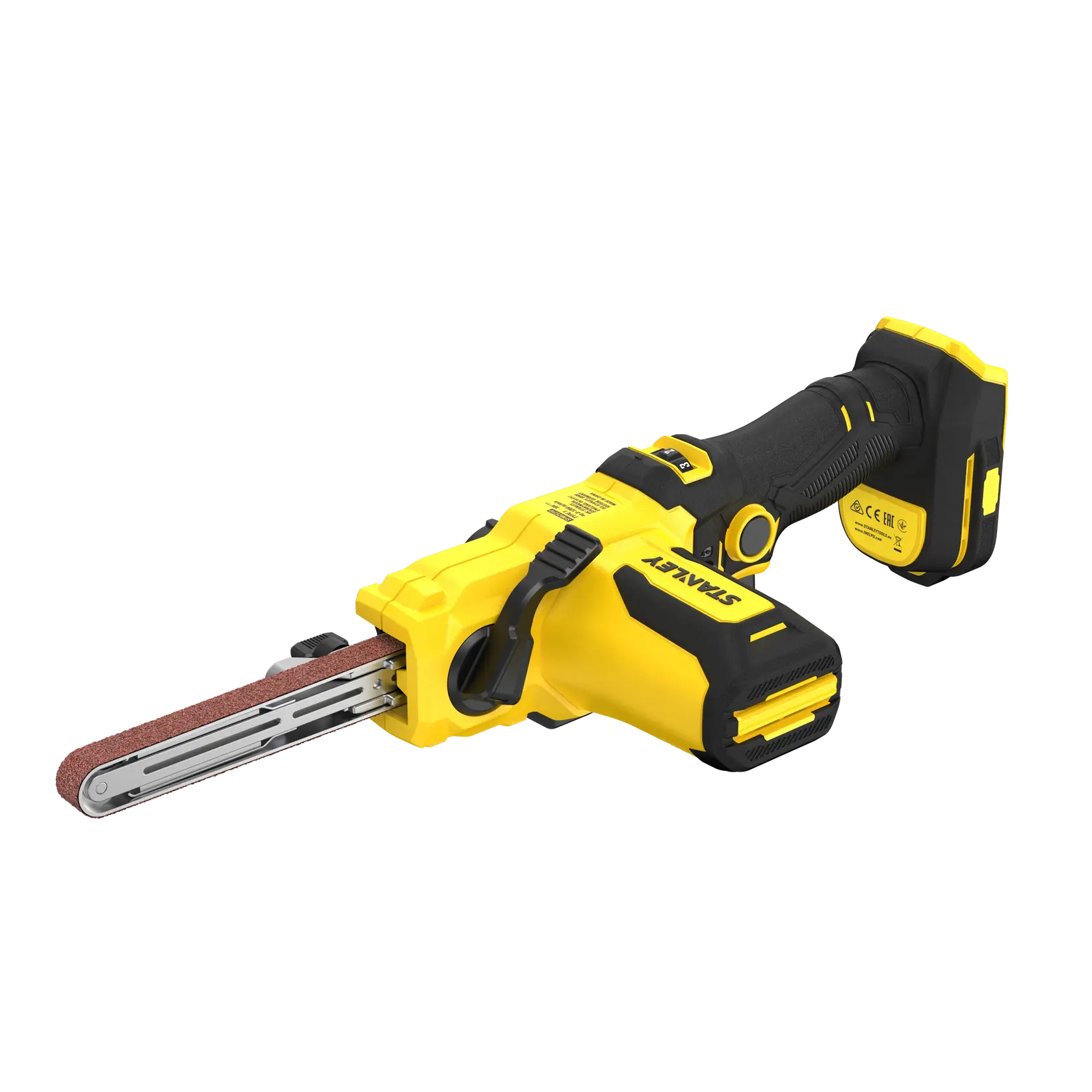 STANLEY SFMCE210B kabelloser Feilenbandschleifer, gelb und schwarz, Seitenansicht auf weißem Hintergrund.