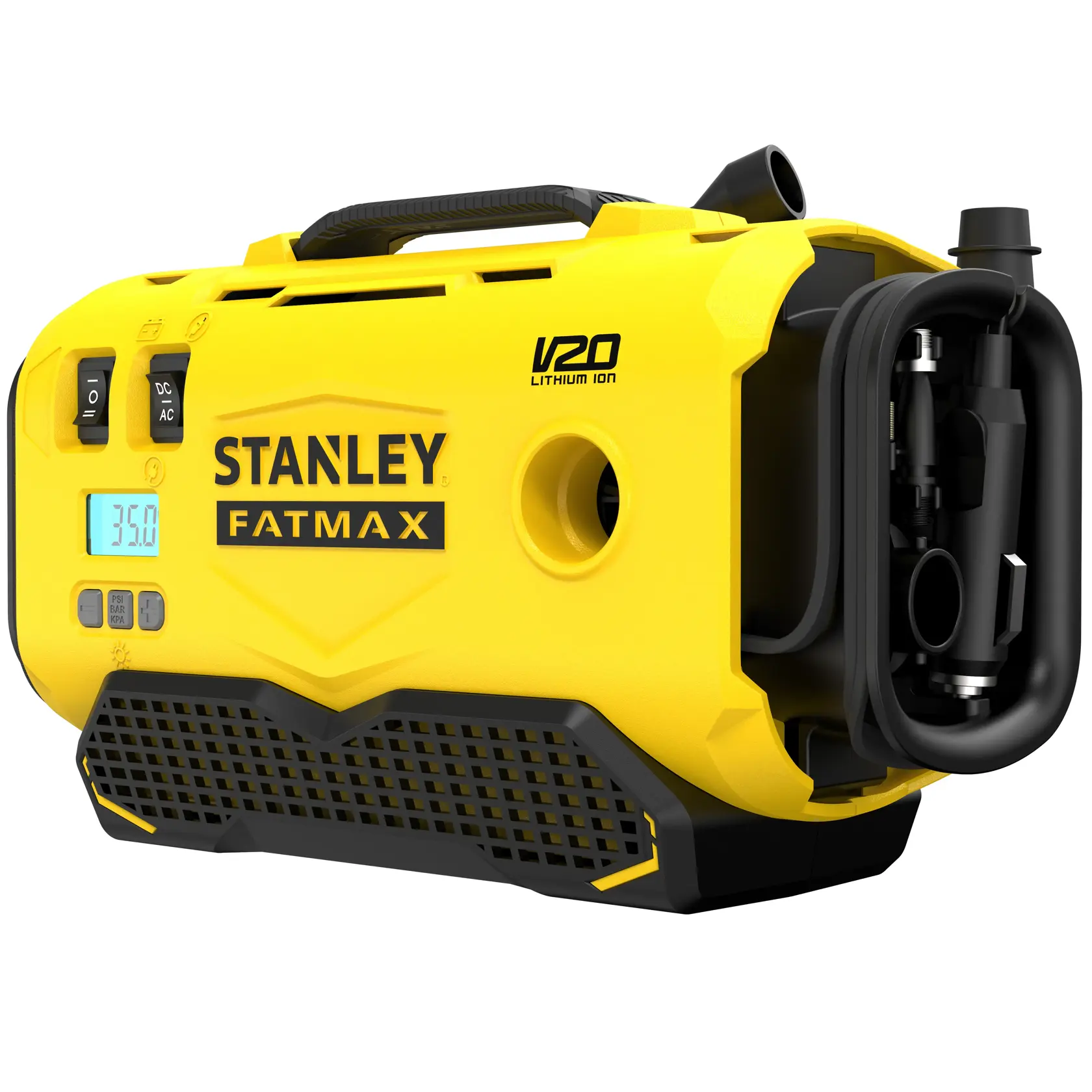 STANLEY SFMCE520B tragbarer gelber V20 FATMAX Kompressor, Seitenansicht mit sichtbarem Schlauch und Digitalanzeige.