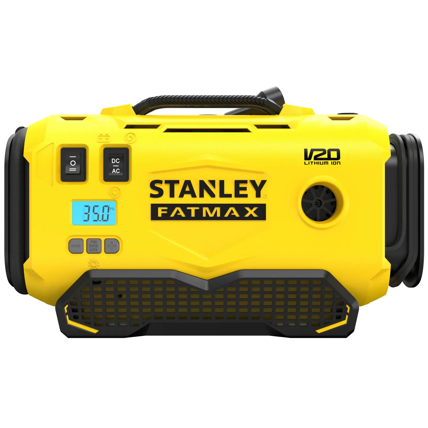 Foto des tragbaren STANLEY SFMCE520B Luftkompressors, gelbes Gehäuse, Digitalanzeige, Vorderansicht auf weißem Hintergrund.