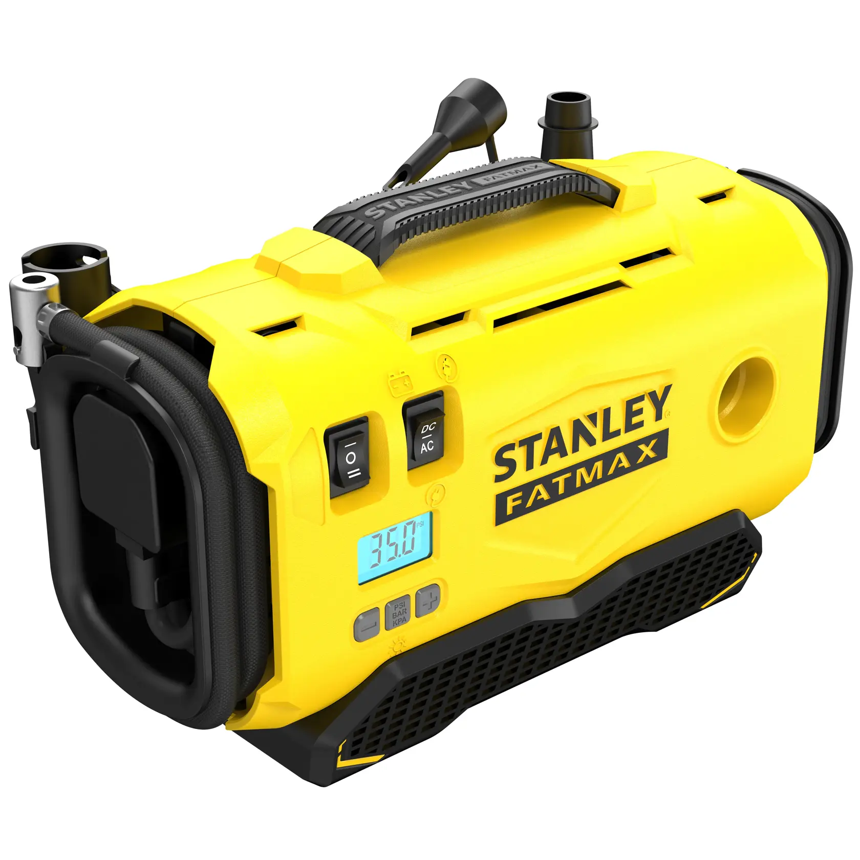 STANLEY SFMCE520B tragbarer Kompressor, gelb und schwarz, Seitenansicht mit Bedienfeld, Griff und Digitalanzeige.