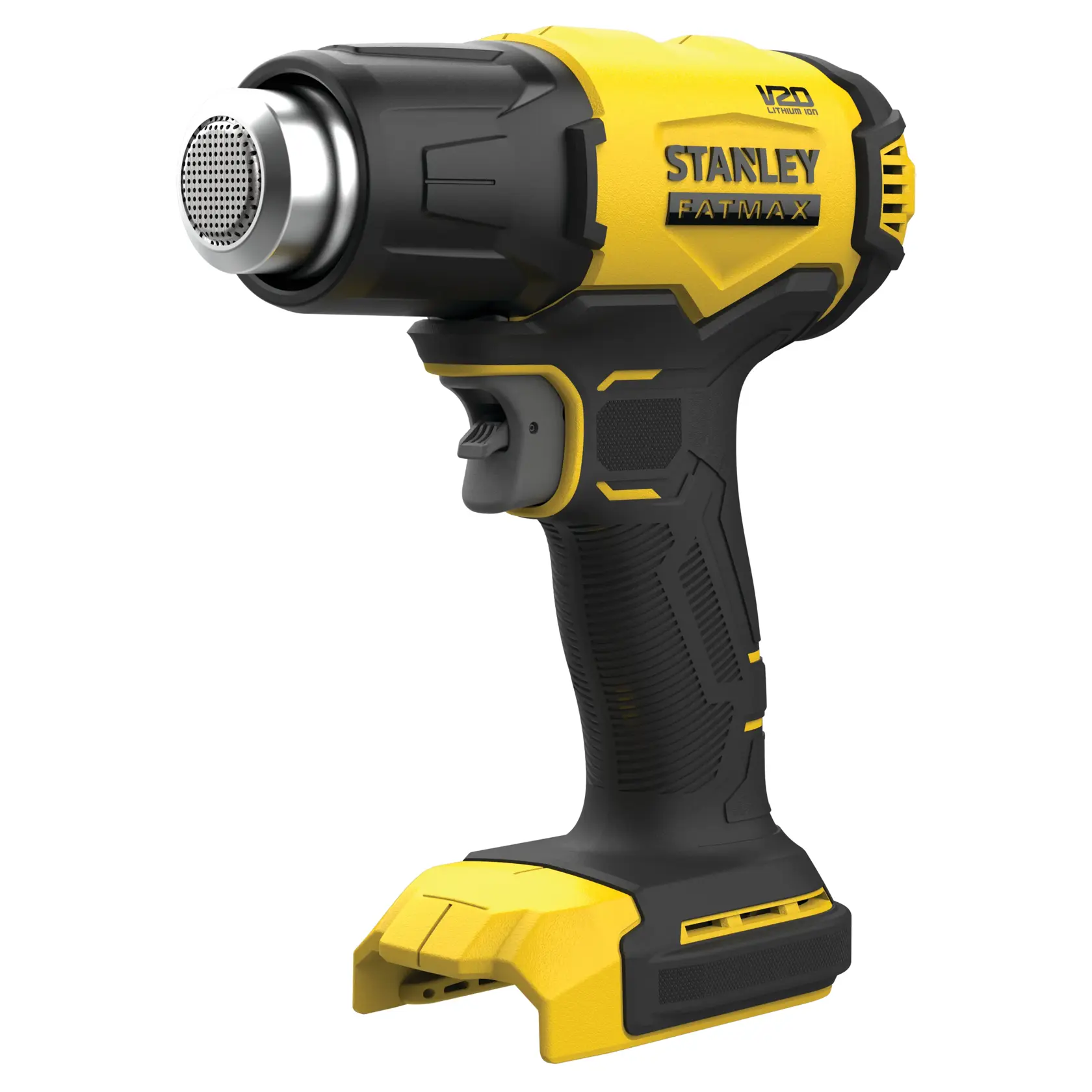 STANLEY SFMCE530B kabellose Heißluftpistole, gelb und schwarz, Seitenansicht Foto auf weißem Hintergrund