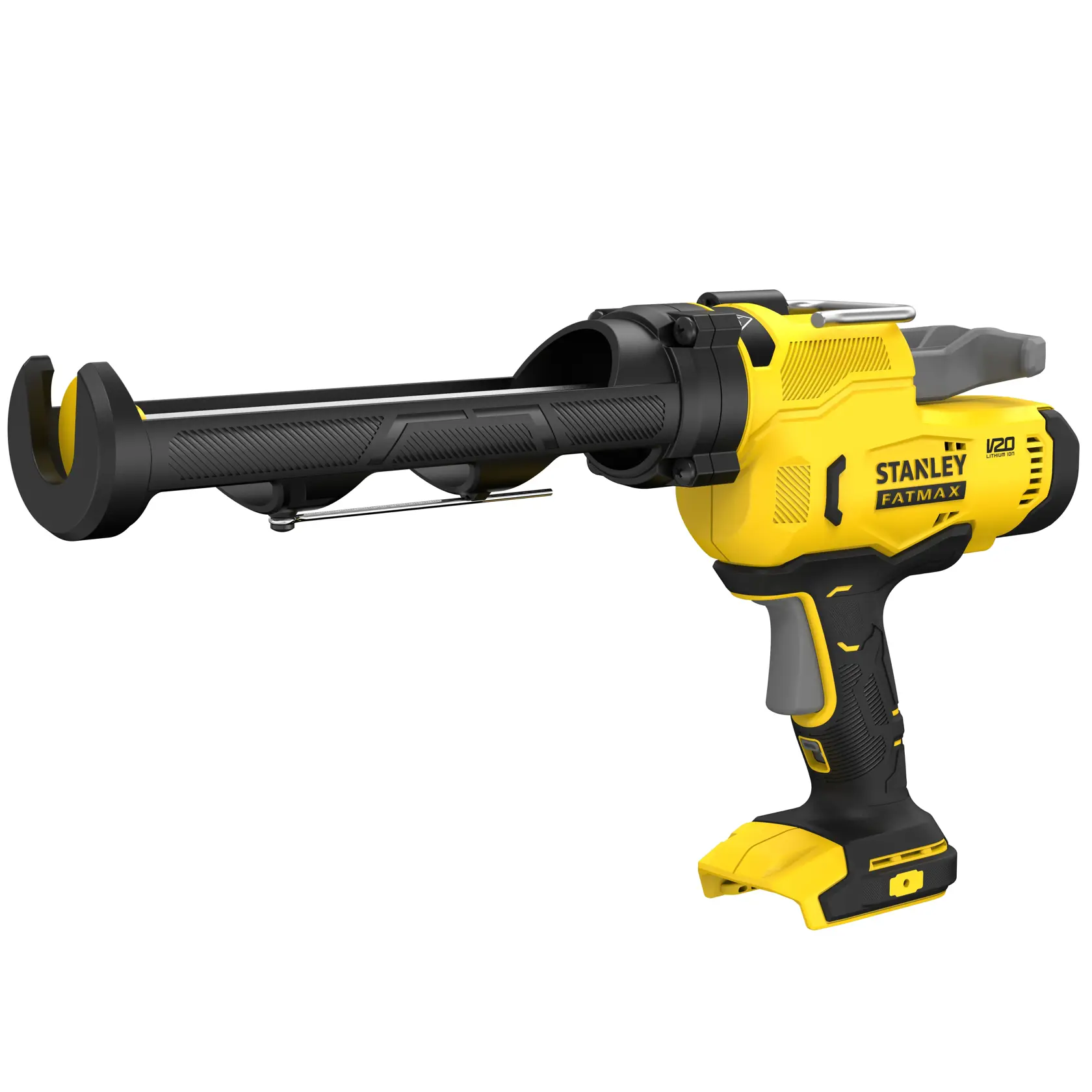 STANLEY SFMCE600B Akku-Kartuschenpistole, gelb und schwarz, Seitenansicht des Produkts auf weißem Hintergrund.