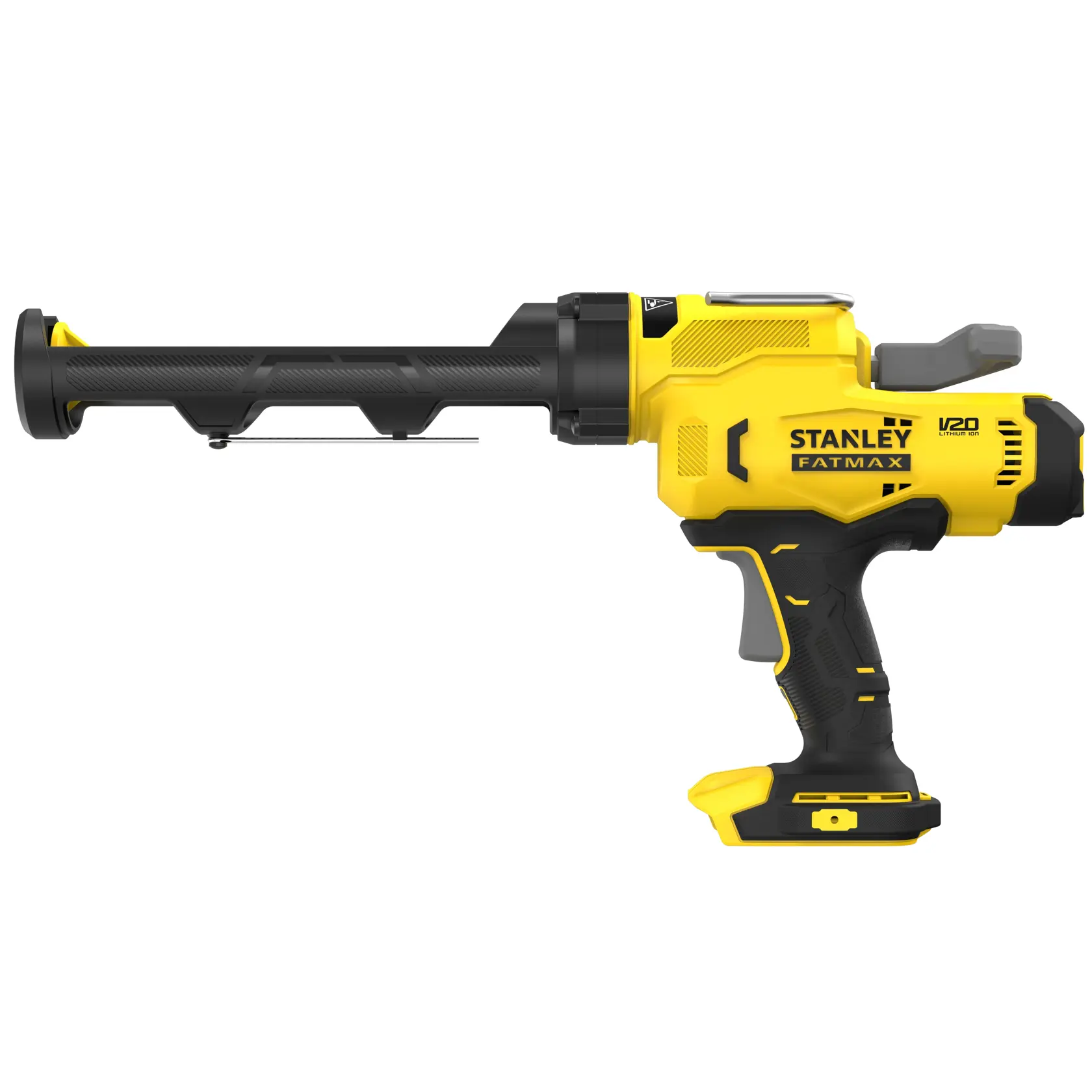 STANLEY SFMCE600B Kartuschenpistole, gelb und schwarz, Seitenansicht, FATMAX V20 kabellos.