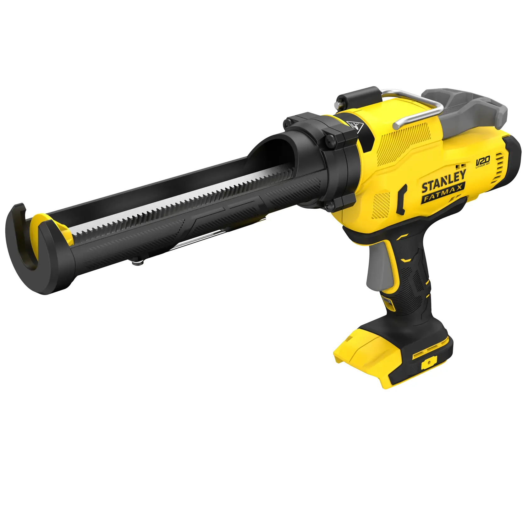 STANLEY SFMCE600B kabellose Kartuschenpistole, gelb und schwarz, rechte Ansicht, Foto auf weißem Hintergrund.