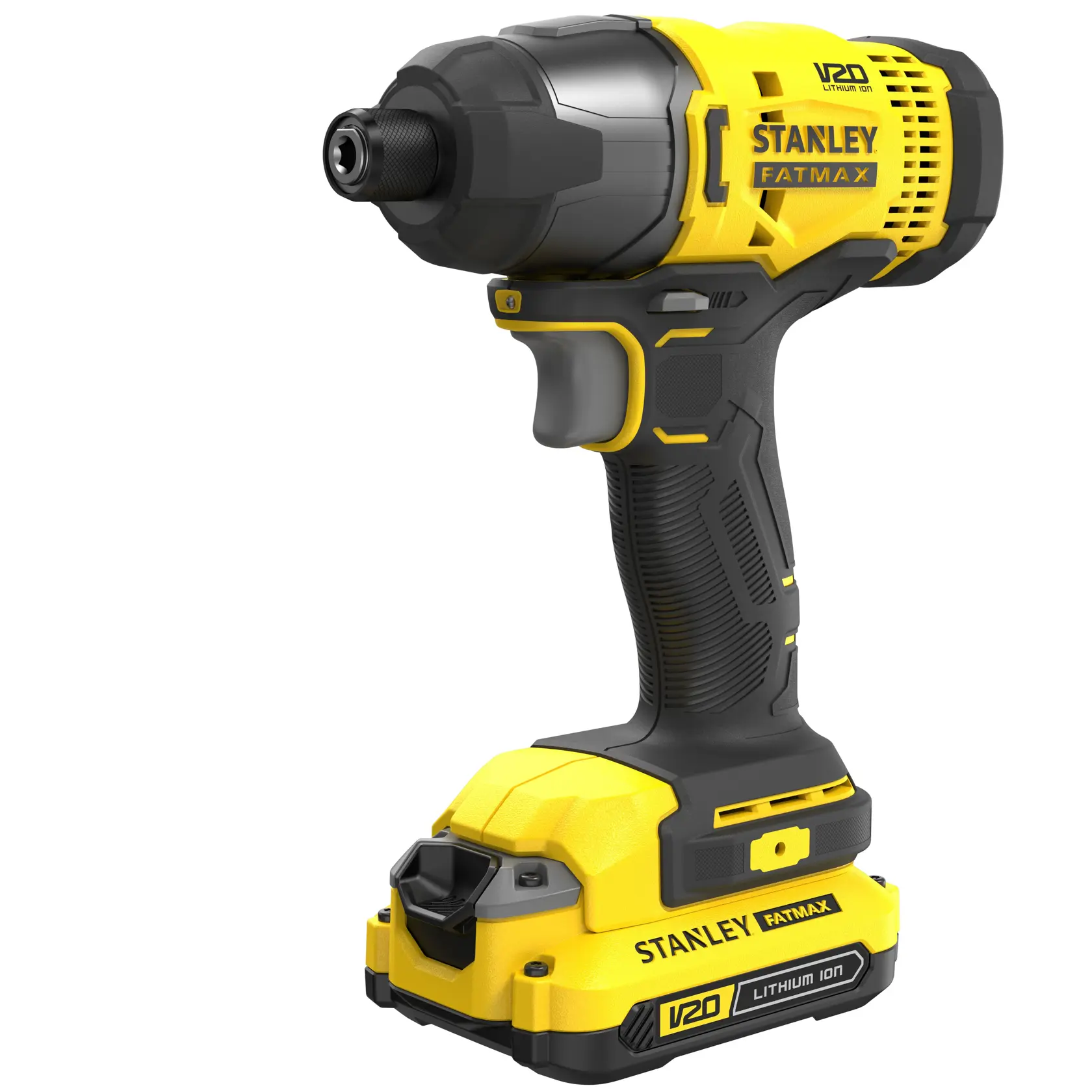 Foto des STANLEY SFMCF800C2K V20 Akku-Schlagschraubers, gelb und schwarz, Frontansicht, mit Akku.