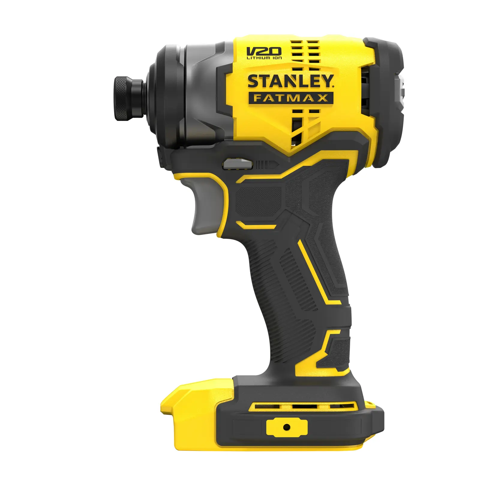 STANLEY SFMCF810B kabelloser Schlagschrauber gelb und schwarz, Seitenansicht, weißer Hintergrund.