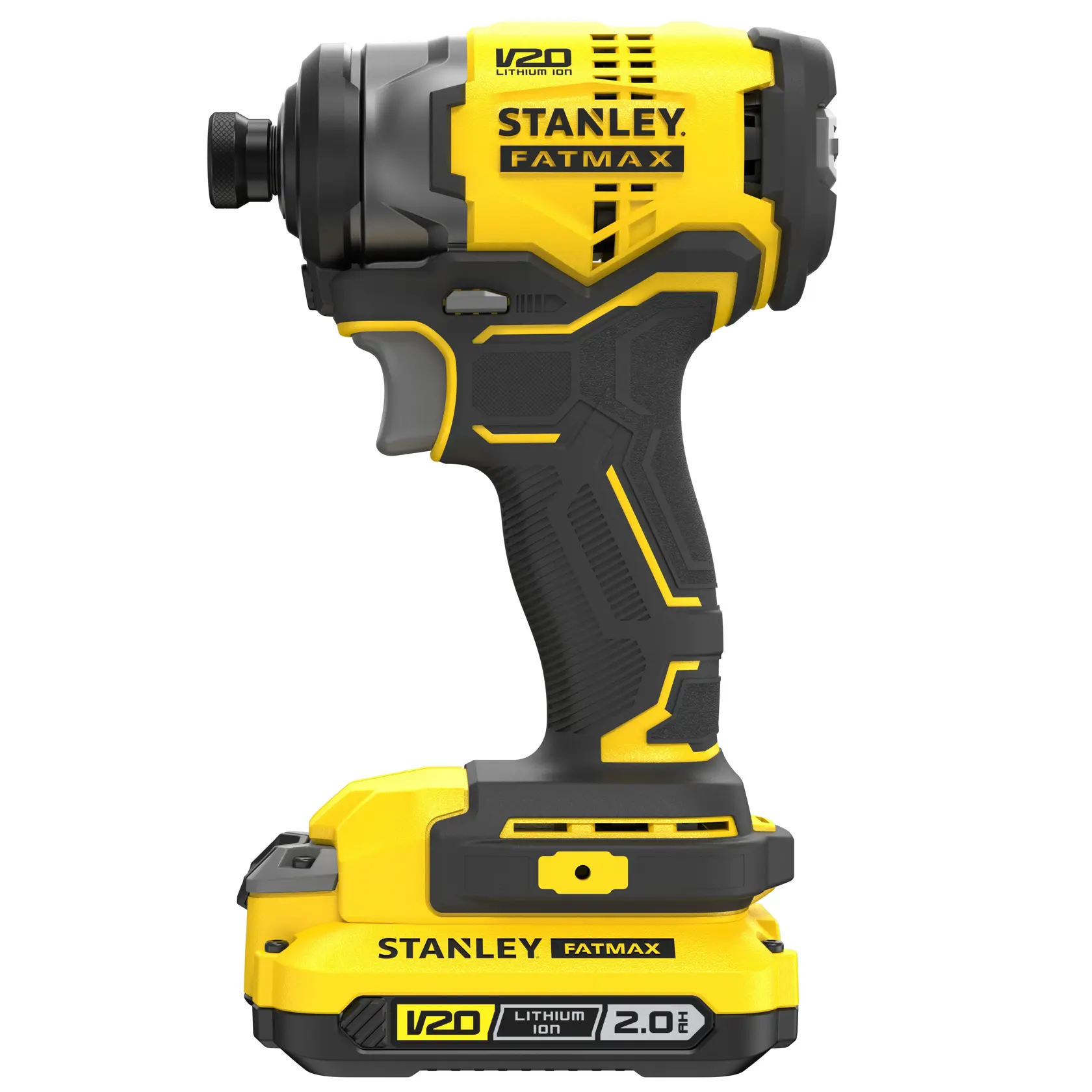 Foto des kabellosen Schlagschraubers STANLEY SFMCF810D2K, gelb und schwarz, V20 Lithium Ion, Seitenansicht auf weißem Hintergrund.