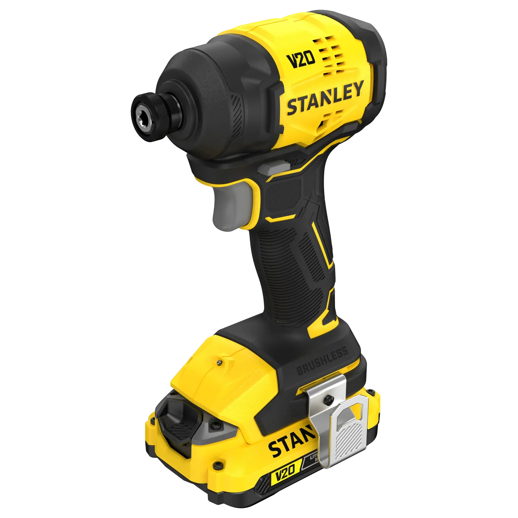 Foto des STANLEY SFMCF811D1T Akku-Schlagschraubers, V20 Lithium-Ionen, gelb und schwarz, Vorderansicht.