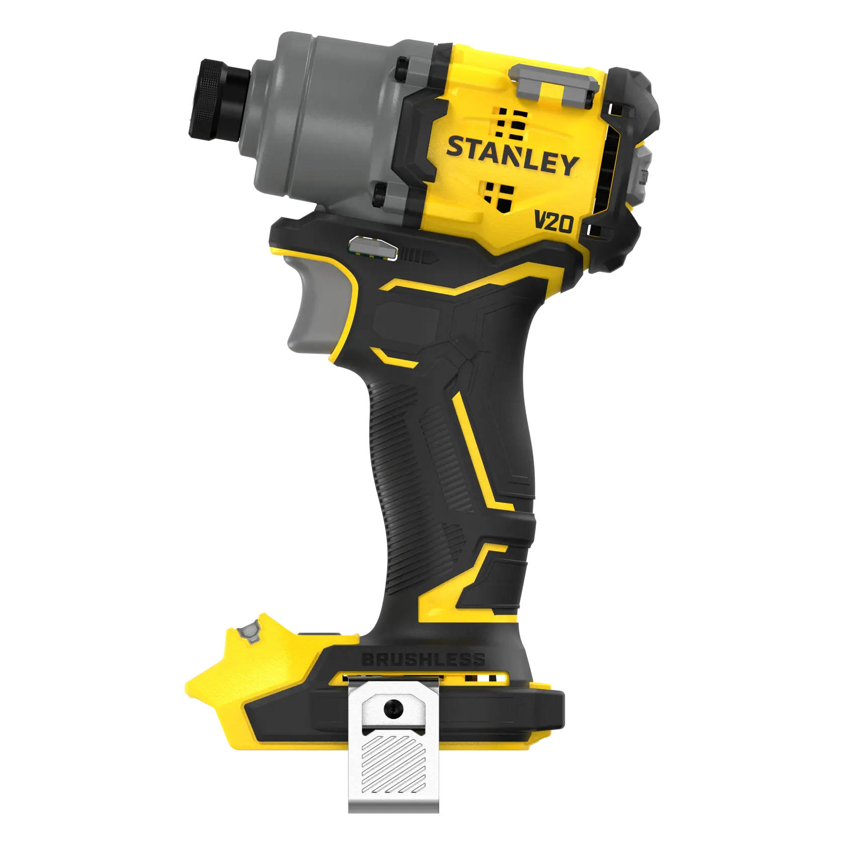 STANLEY SFMCF830B bürstenloser Schlagschrauber, gelb und schwarz, Seitenansicht auf weißem Hintergrund.