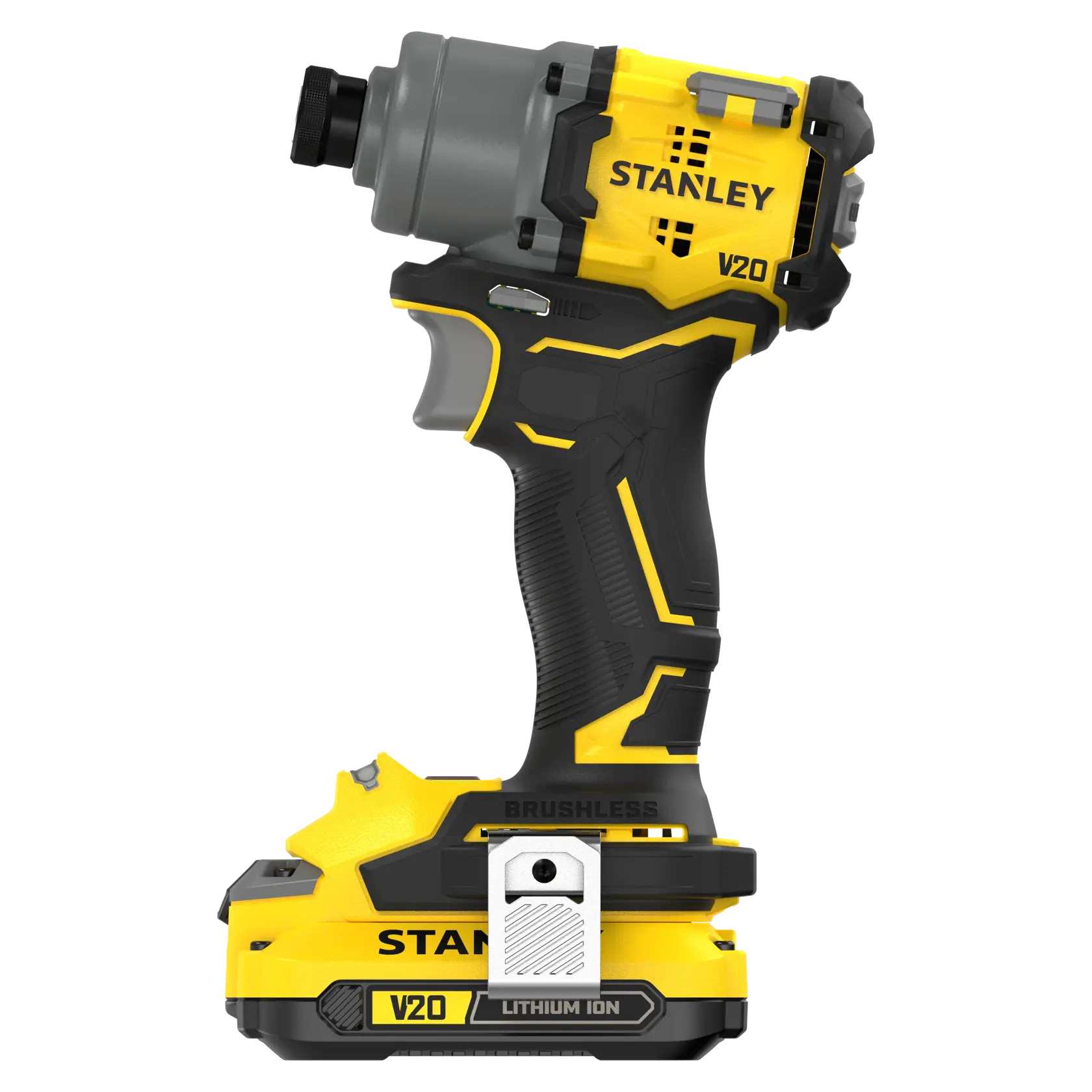 STANLEY SFMCF830D2K V20 Fatmax Akku-Schlagschrauber, Seitenansicht, gelb und schwarz.