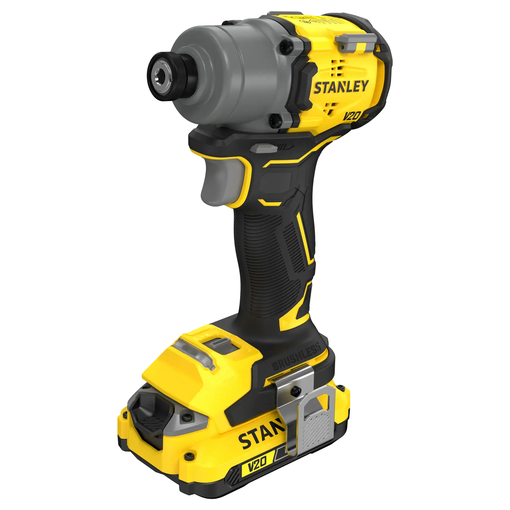 Foto des STANLEY SFMCF830D2K bürstenlosen Schlagschraubers, gelb und schwarz, Vorderansicht links, kabellos.
