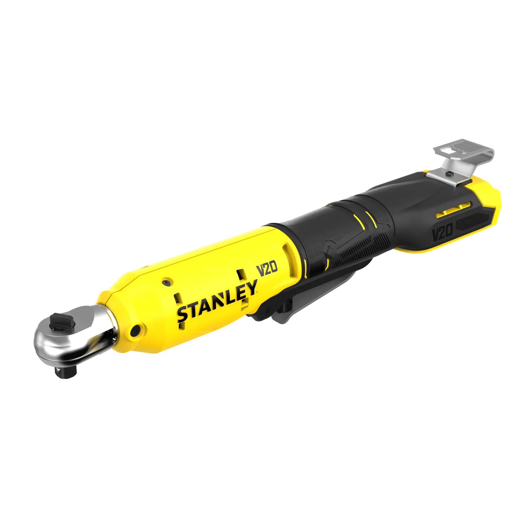 STANLEY SFMCF930B Akku-Ratschenschlüssel, gelb und schwarz, Seitenansicht, Produktfotografie.