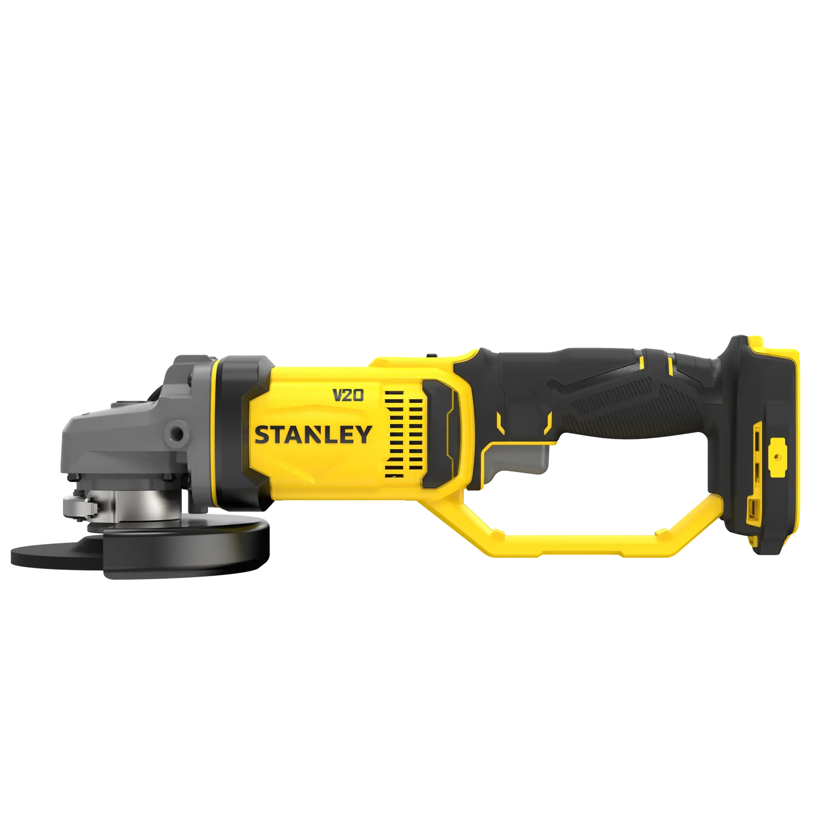 STANLEY SFMCG400B kabelloser Winkelschleifer, gelb und schwarz, Seitenansicht auf weißem Hintergrund.