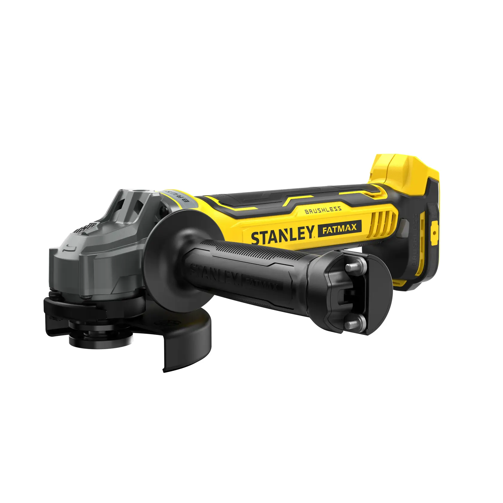 STANLEY SFMCG700B Akku-Winkelschleifer, gelb und schwarz, Seitenansicht auf weißem Hintergrund.