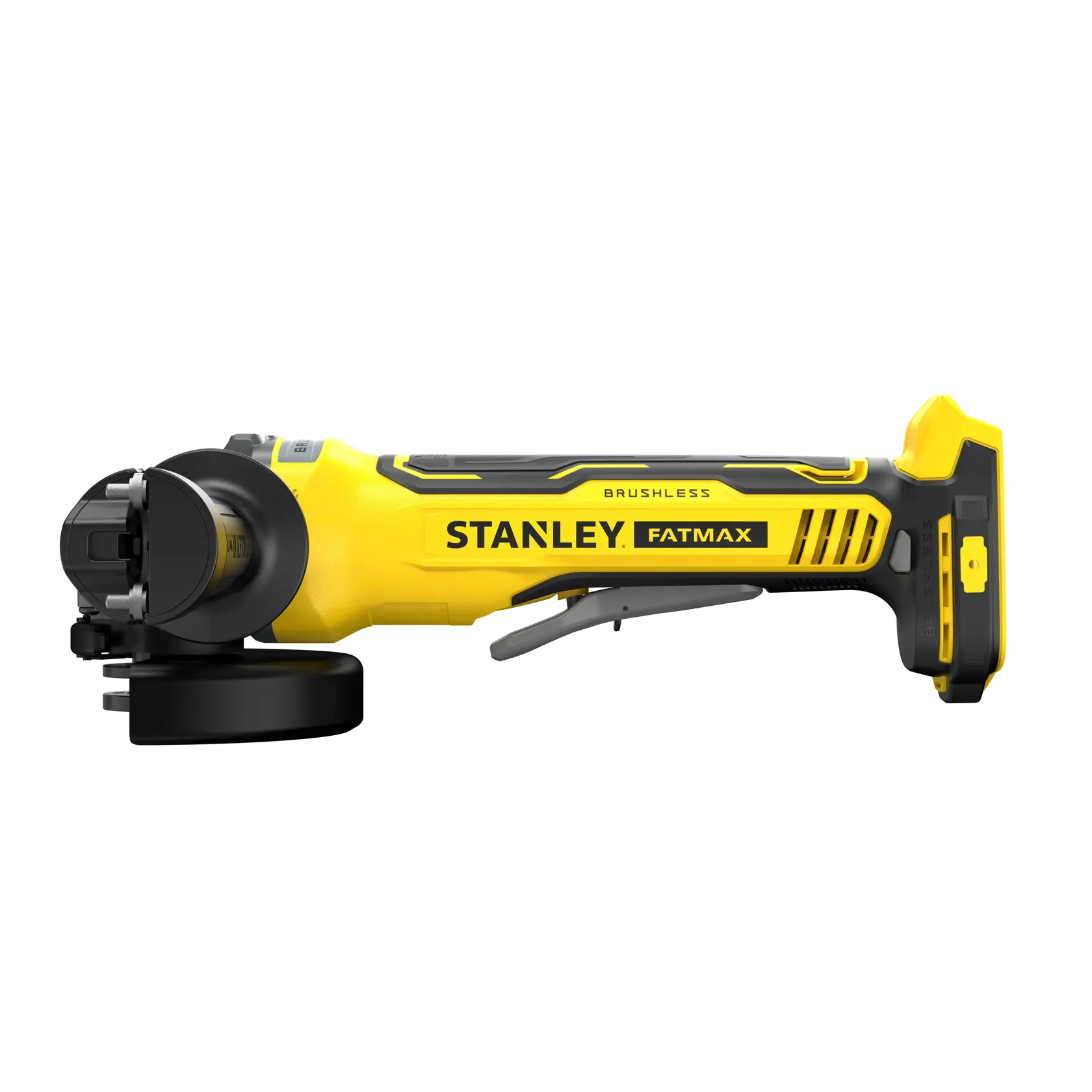Foto STANLEY SFMCG700B kabellose brushless Winkelschleifer gelb-schwarz, Seitenansicht.