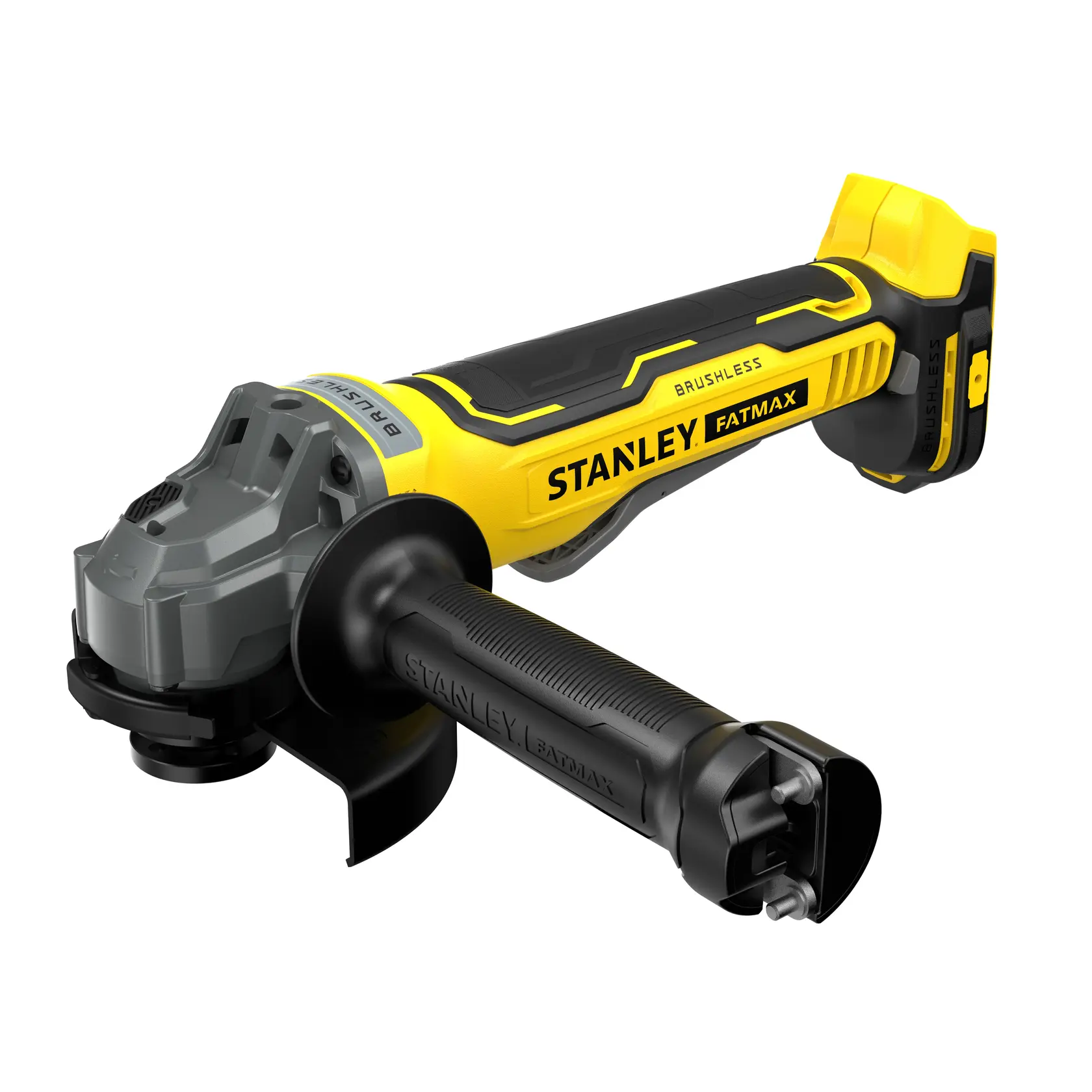 STANLEY SFMCG700B kabelloser Winkelschleifer, gelb und schwarz, Fatmax Serie, Vorderansicht links auf weißem Hintergrund.
