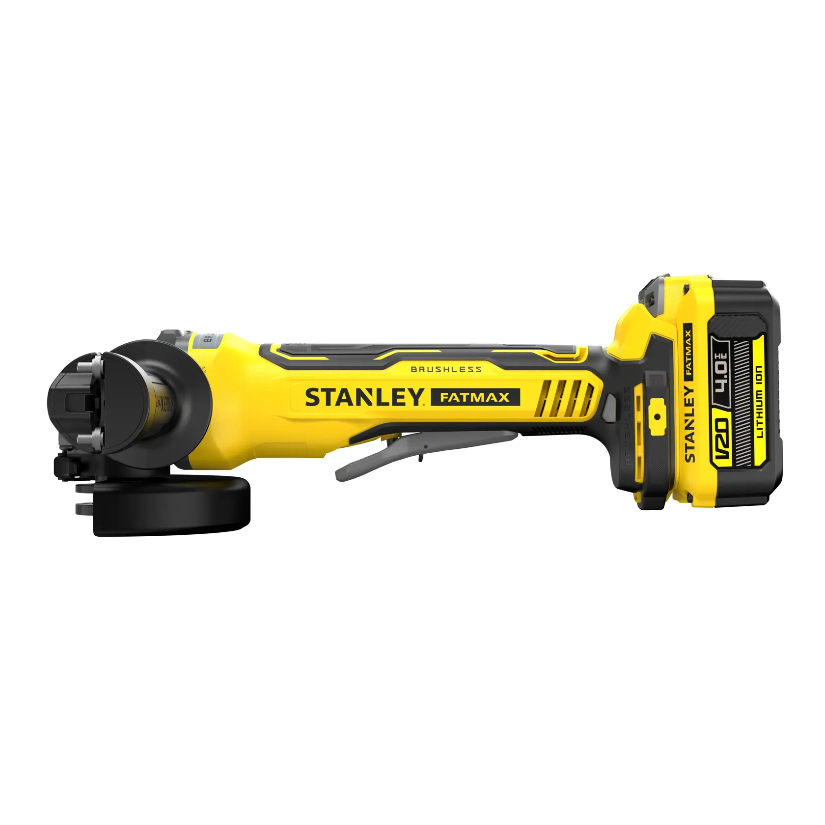 Foto des STANLEY SFMCG700M2K Akku-Winkelschleifers, gelb und schwarz, Seitenansicht vor weißem Hintergrund.