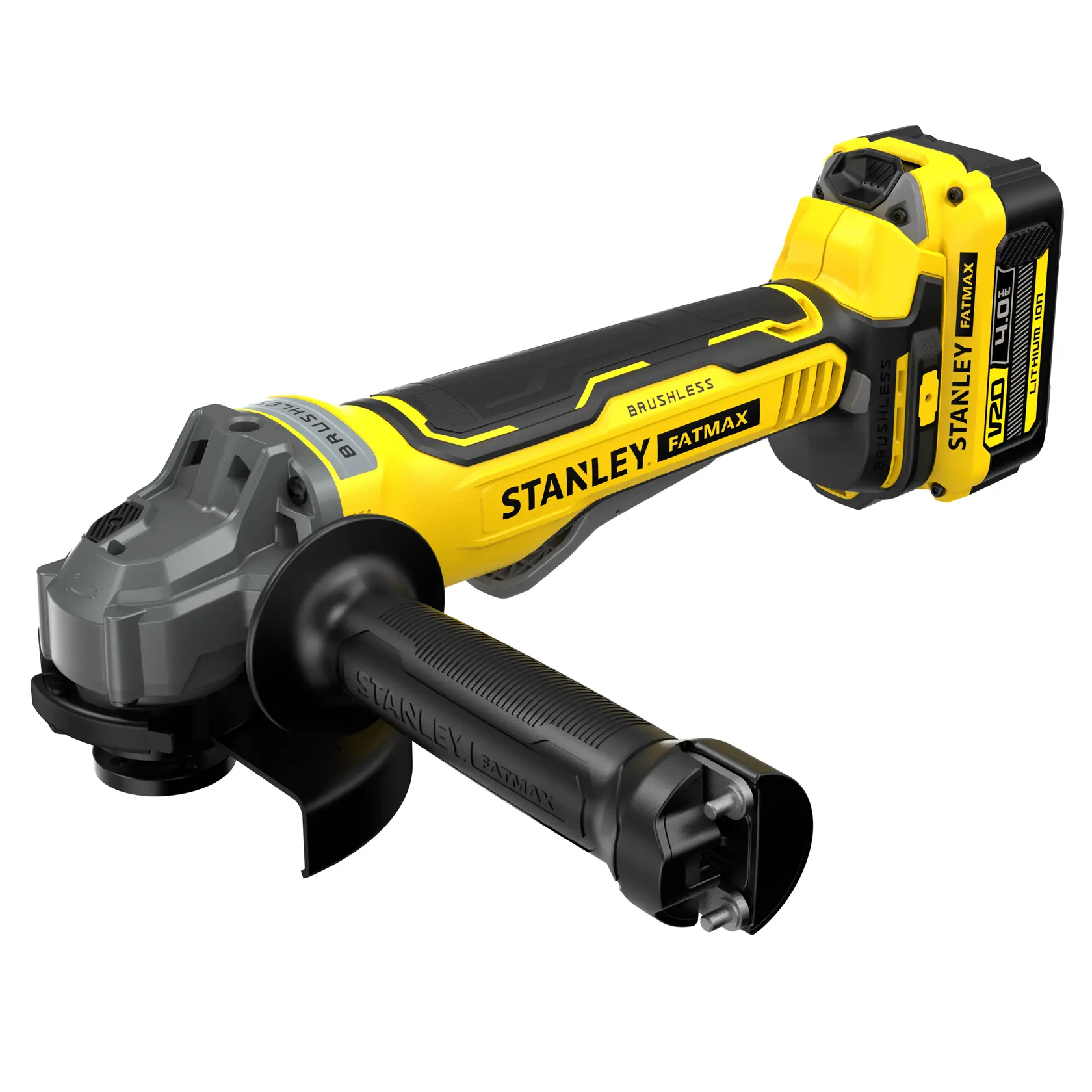 Foto des kabellosen Winkelschleifers STANLEY SFMCG700M2K, gelb und schwarz, Seitenansicht vor weißem Hintergrund.