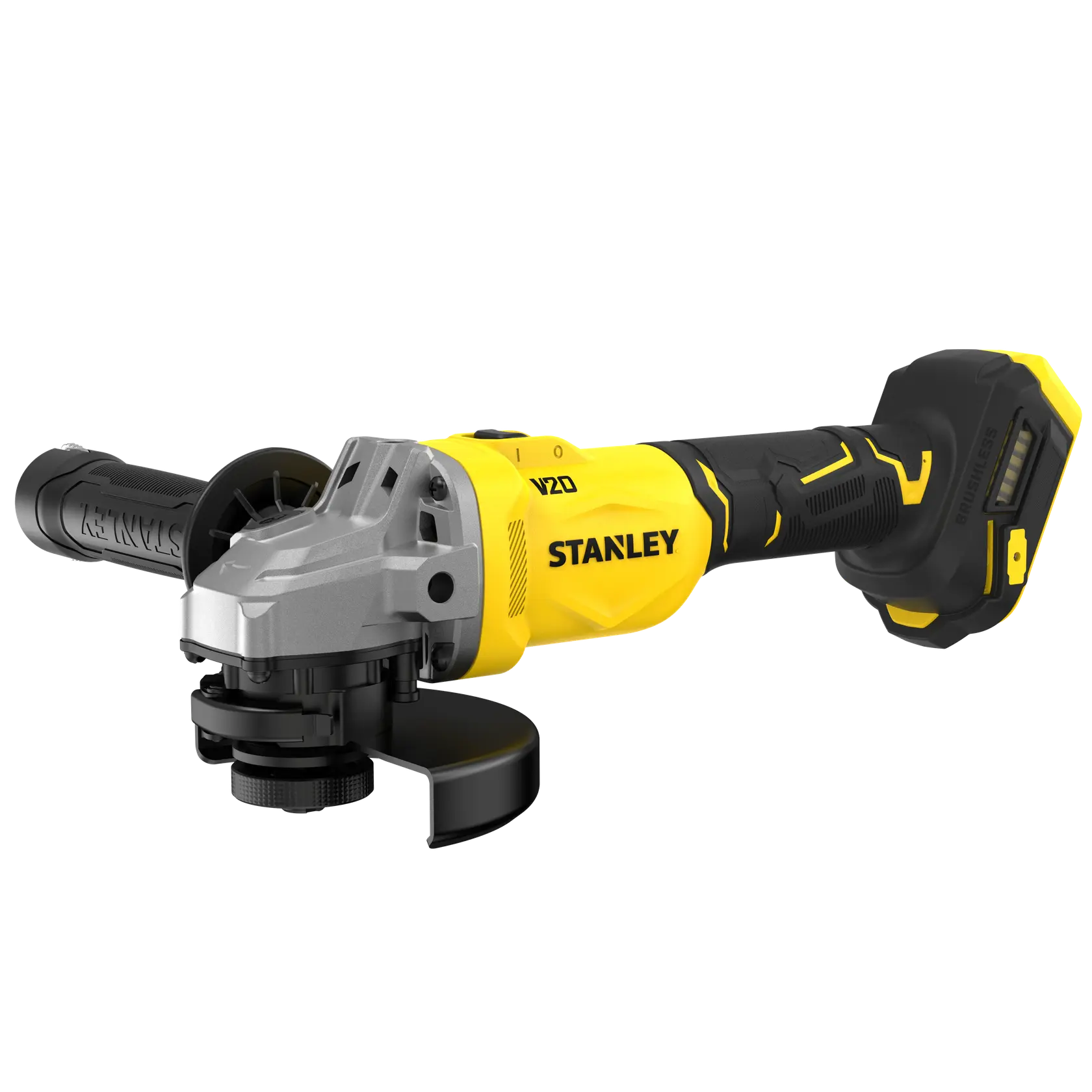 STANLEY SFMCG710B-XJ Akku-Winkelschleifer, gelb und schwarz, Vorderansicht von links auf weißem Hintergrund.