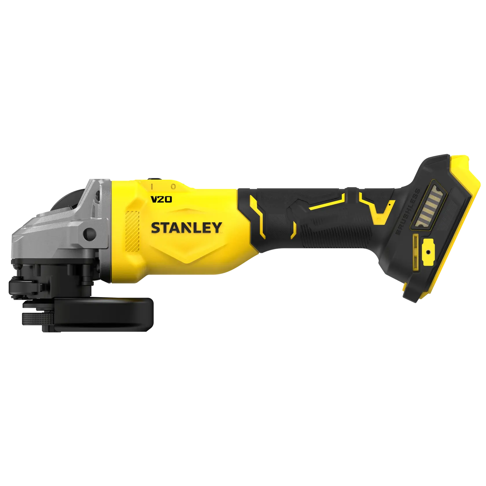 STANLEY SFMCG710B-XJ Akku-Winkelschleifer Seitenansicht, gelb-schwarzes Gehäuse, Batterieschacht sichtbar.