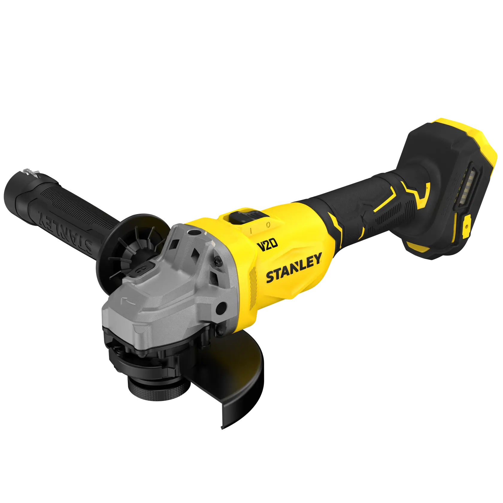 STANLEY SFMCG710B-XJ Winkelschleifer, gelb und schwarz, Frontalansicht auf weißem Hintergrund