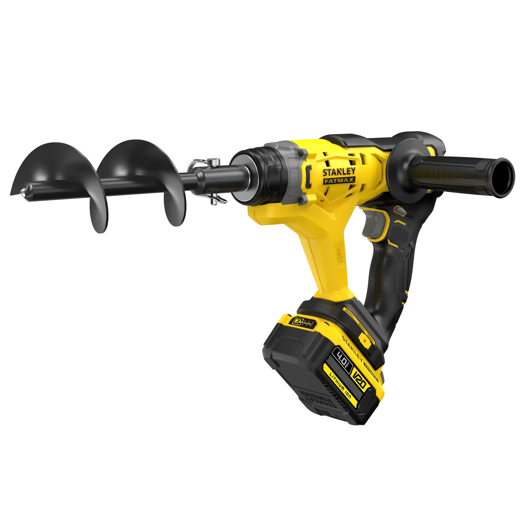 Stanley SFMCGA75M1 kabelloser Bohrer mit Schnecke, gelb und schwarz, Vorderansicht auf weißem Hintergrund.