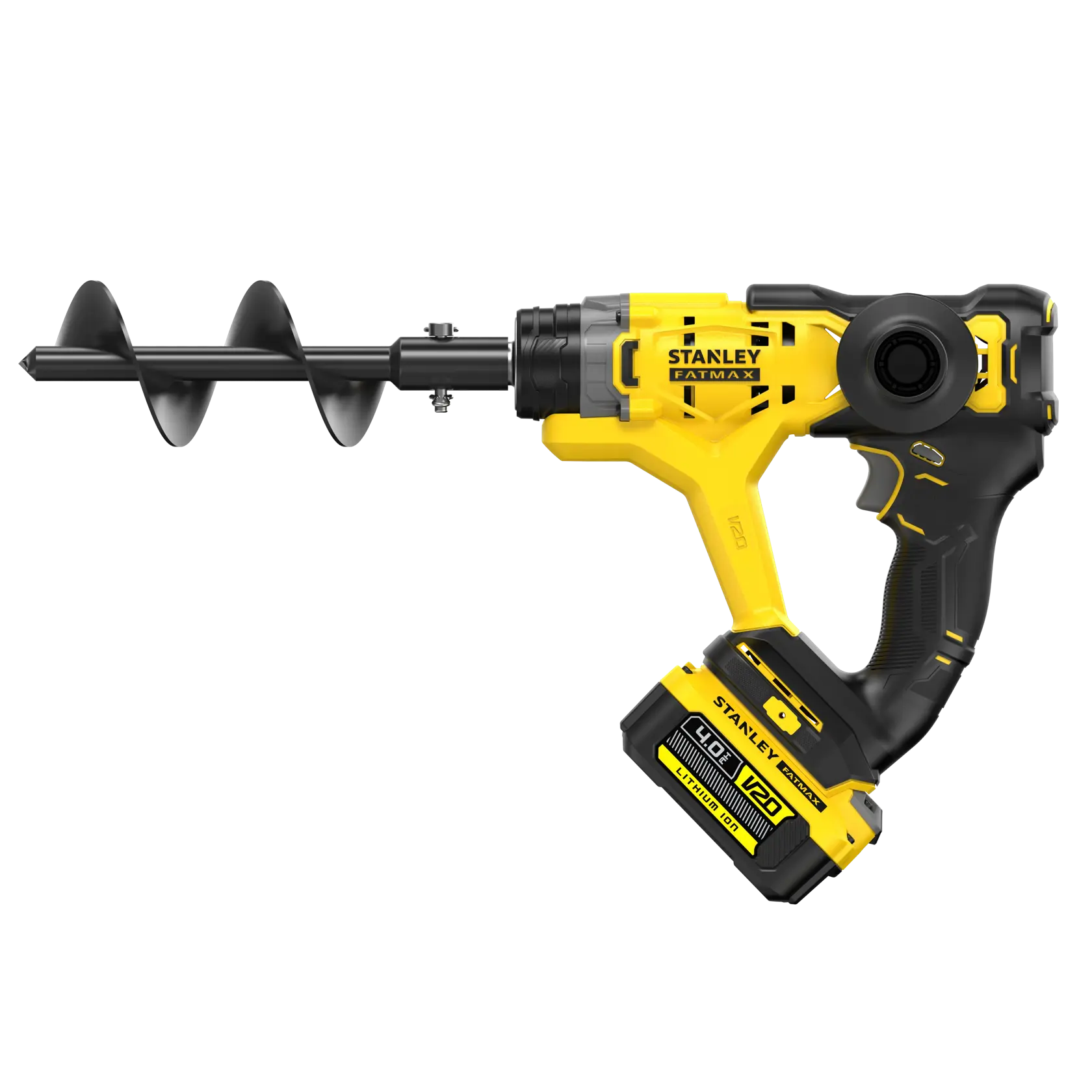STANLEY SFMCGA75M1 kabelloser Gartenschneckenbohrer, gelb und schwarz, Seitenansicht auf weißem Hintergrund.