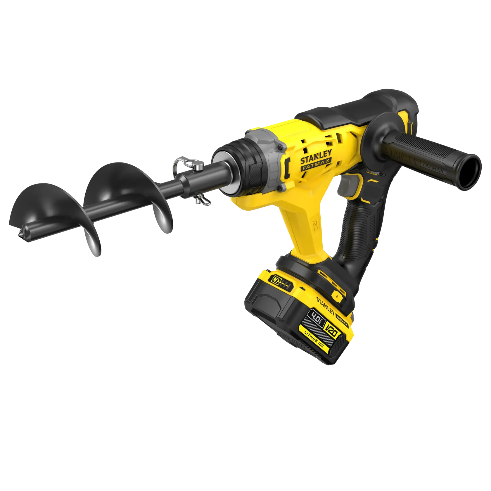 STANLEY SFMCGA75M1 kabelloser Erdlochbohrer in Gelb und Schwarz mit Seitenhandgriff und sichtbarem Bohrer, Frontansicht.
