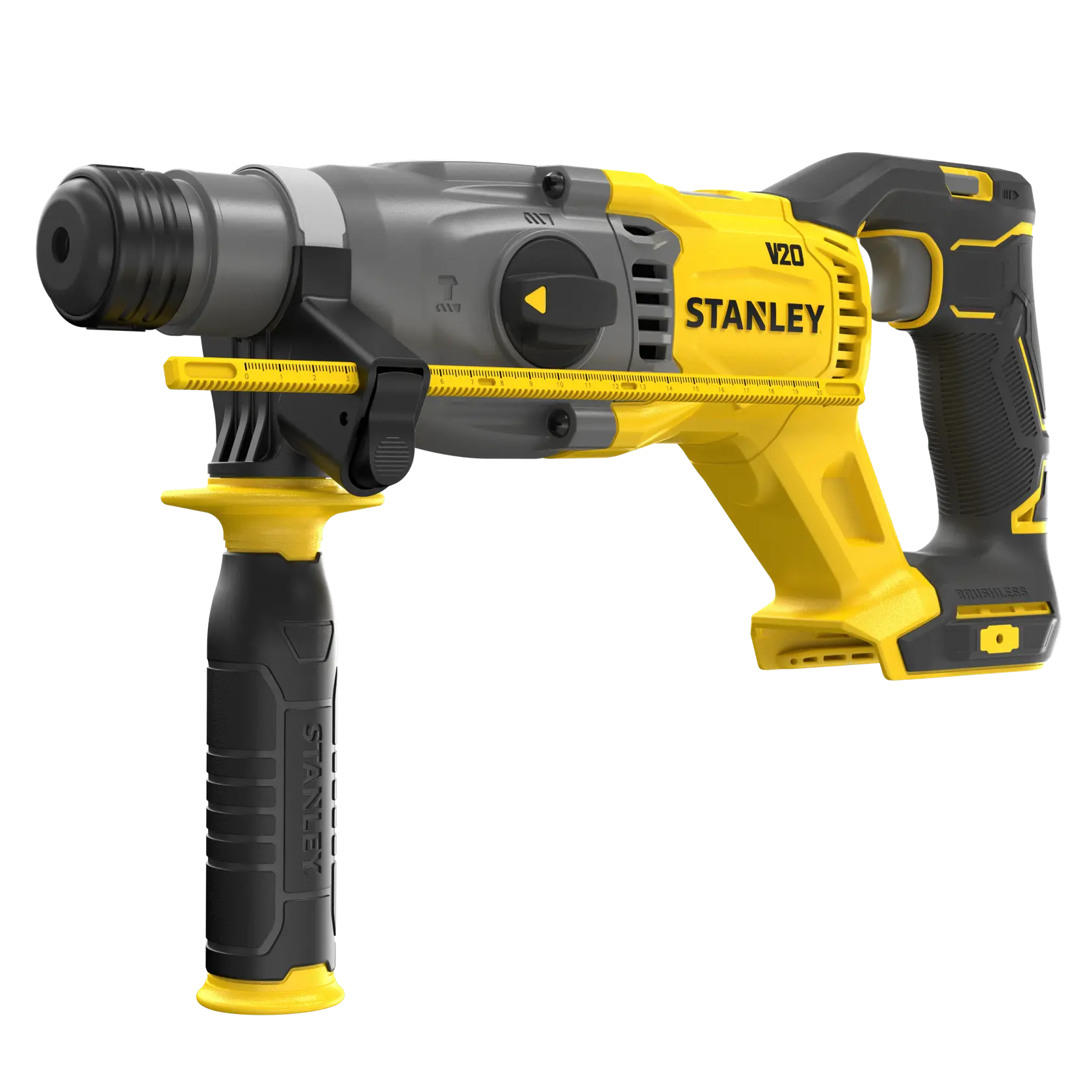 STANLEY SFMCH900B Bohrhammer, gelb und schwarz, Seitenansicht, bürstenlos, Zusatzgriff.