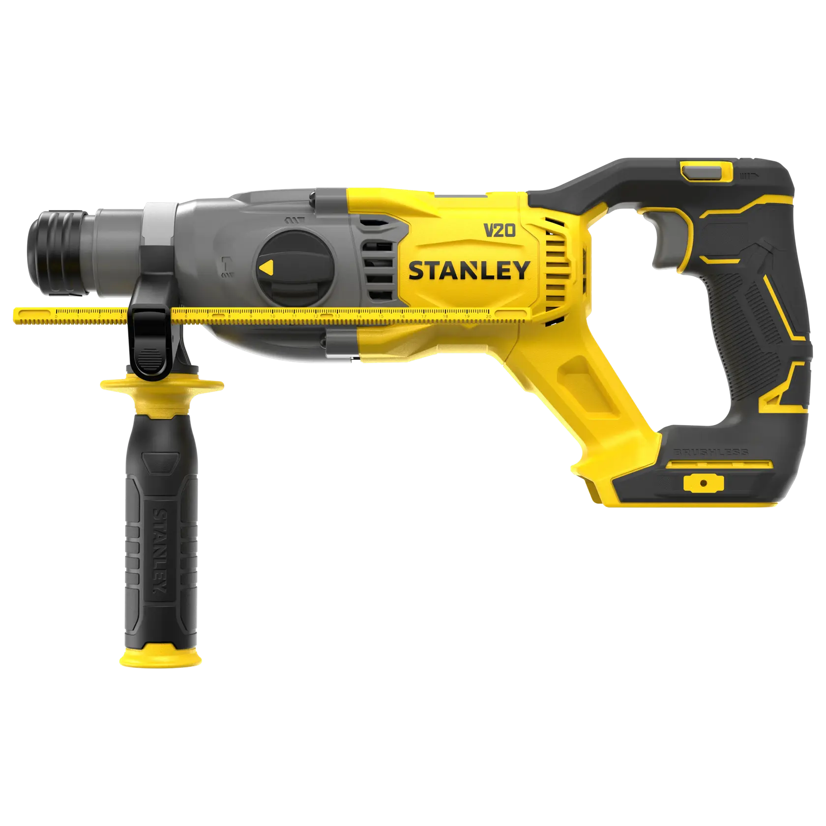 STANLEY SFMCH900B Bohrhammer, gelb und schwarz, Seitenansicht links, mit Zusatzgriff.