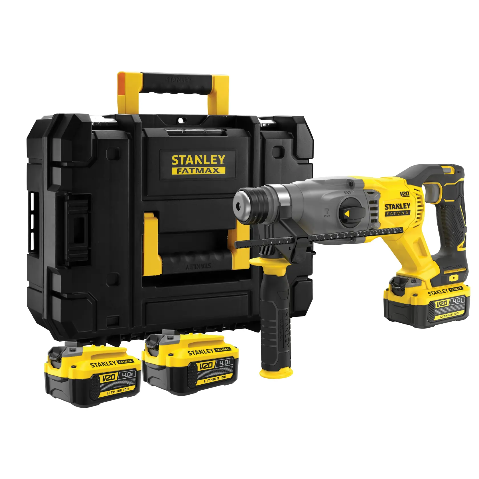 Stanley SFMCH900M22 Akku-Bohrhammer-Set mit Koffer und drei gelben V20-Akkus, Vorderansicht.