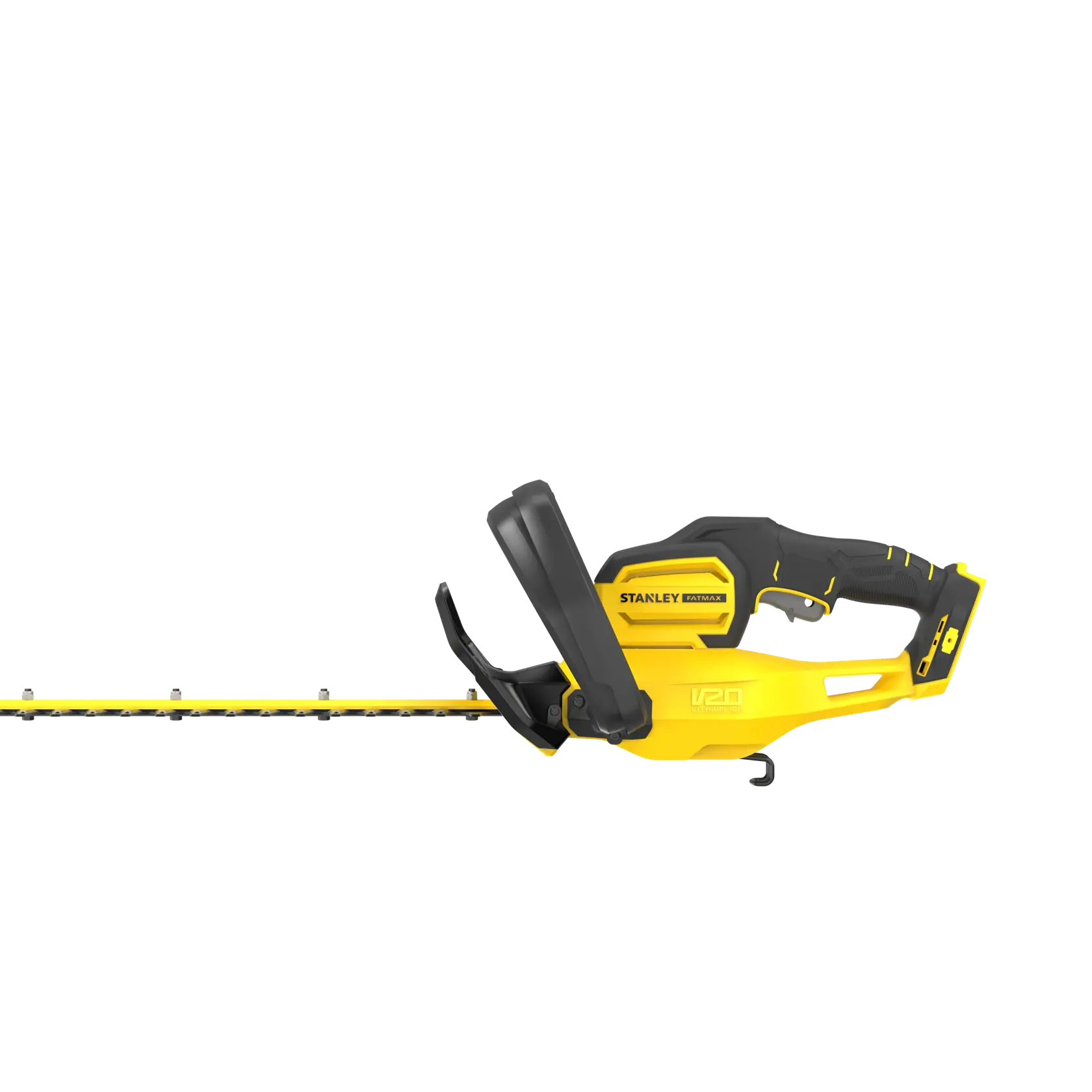 STANLEY SFMCHT855B gelb-schwarzer kabelloser Heckenschneider Seitenansicht auf weißem Hintergrund.