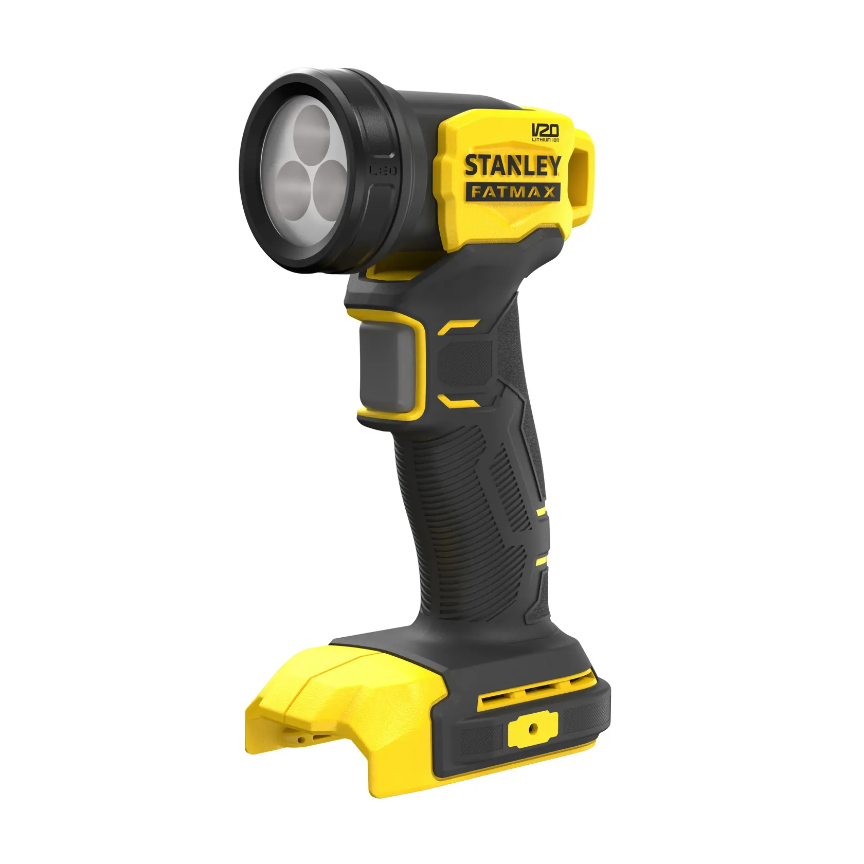 STANLEY SFMCL020B kabellose LED-Arbeitsleuchte, schwarz-gelb, schräge Vorderansicht auf weißem Hintergrund.
