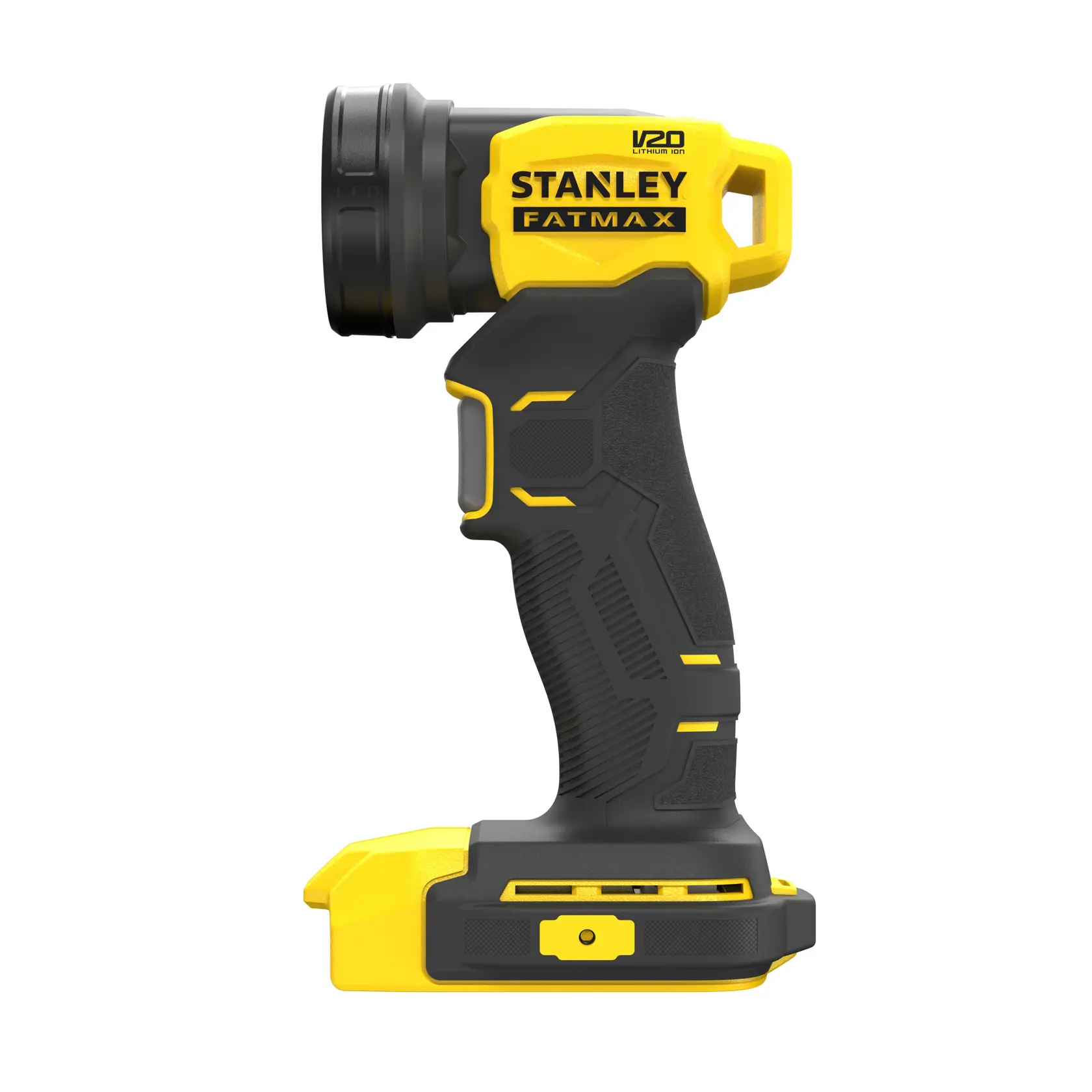 Foto der kabellosen LED-Arbeitsleuchte STANLEY SFMCL020B, gelb und schwarz, Seitenansicht, Produkt vor weißem Hintergrund.
