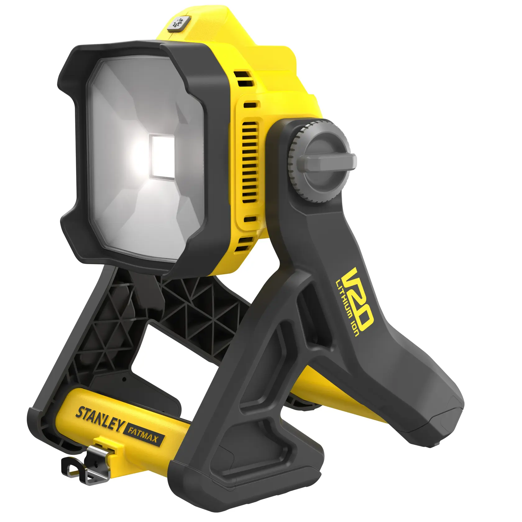 STANLEY SFMCL030B LED-Arbeitsleuchte, schwarz und gelb, schräge Frontansicht auf weißem Hintergrund.