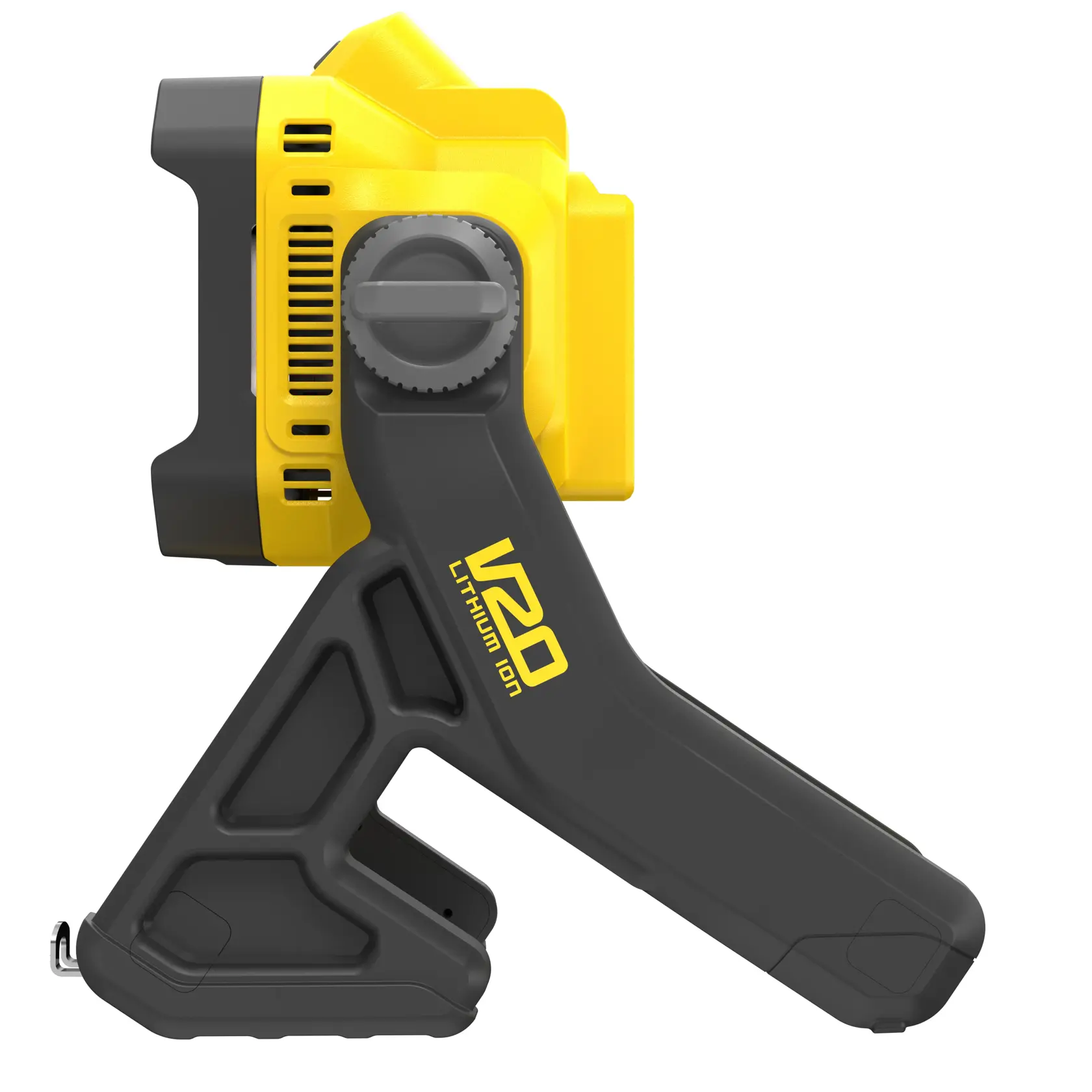 STANLEY SFMCL030B kabellose V20 Lithium-Ionen Arbeitsleuchte, Seitenansicht, gelb-schwarzes Gehäuse, Fotografie.