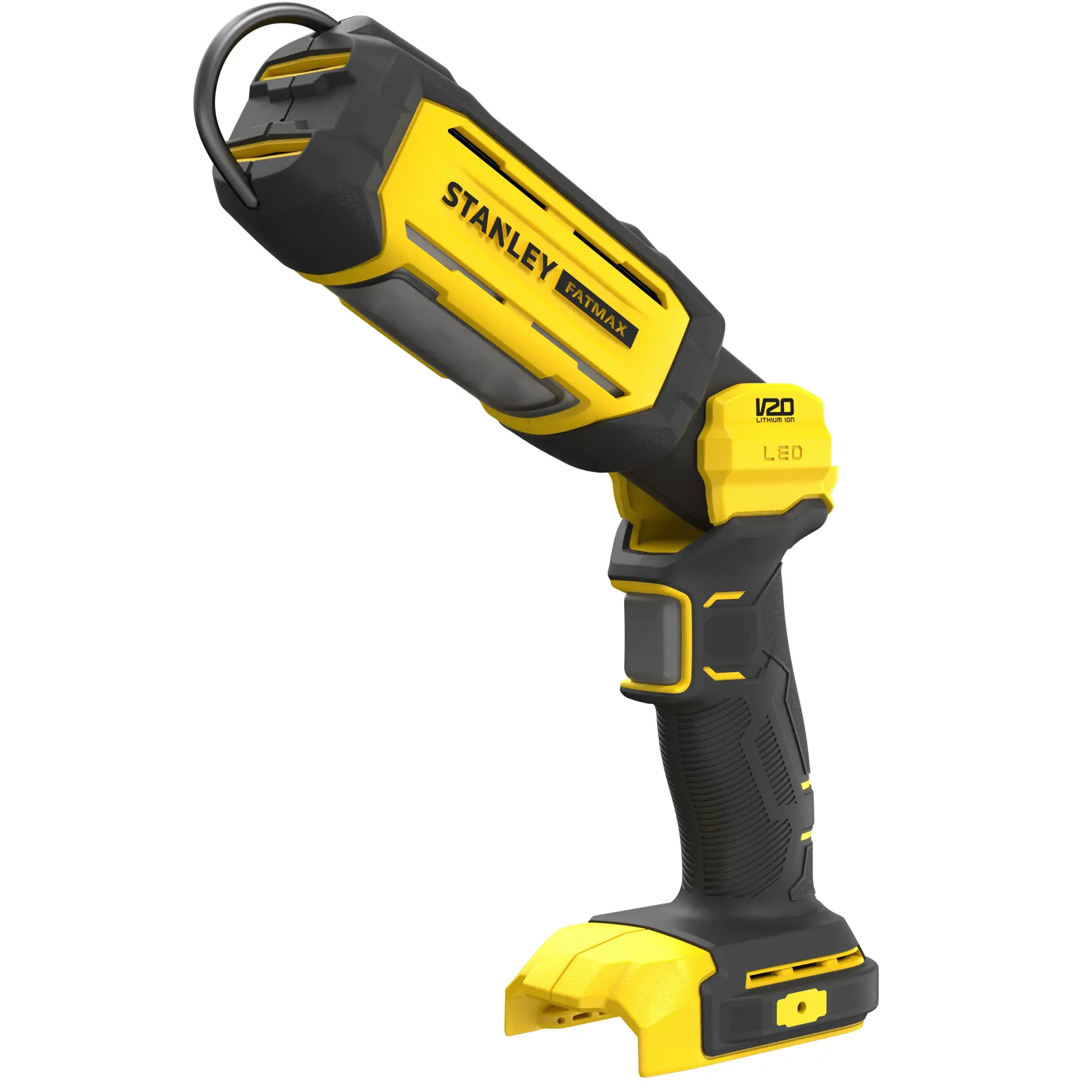 Foto der gelb-schwarzen STANLEY SFMCL050B LED-Akku-Arbeitsleuchte, seitliche Ansicht vor weißem Hintergrund.