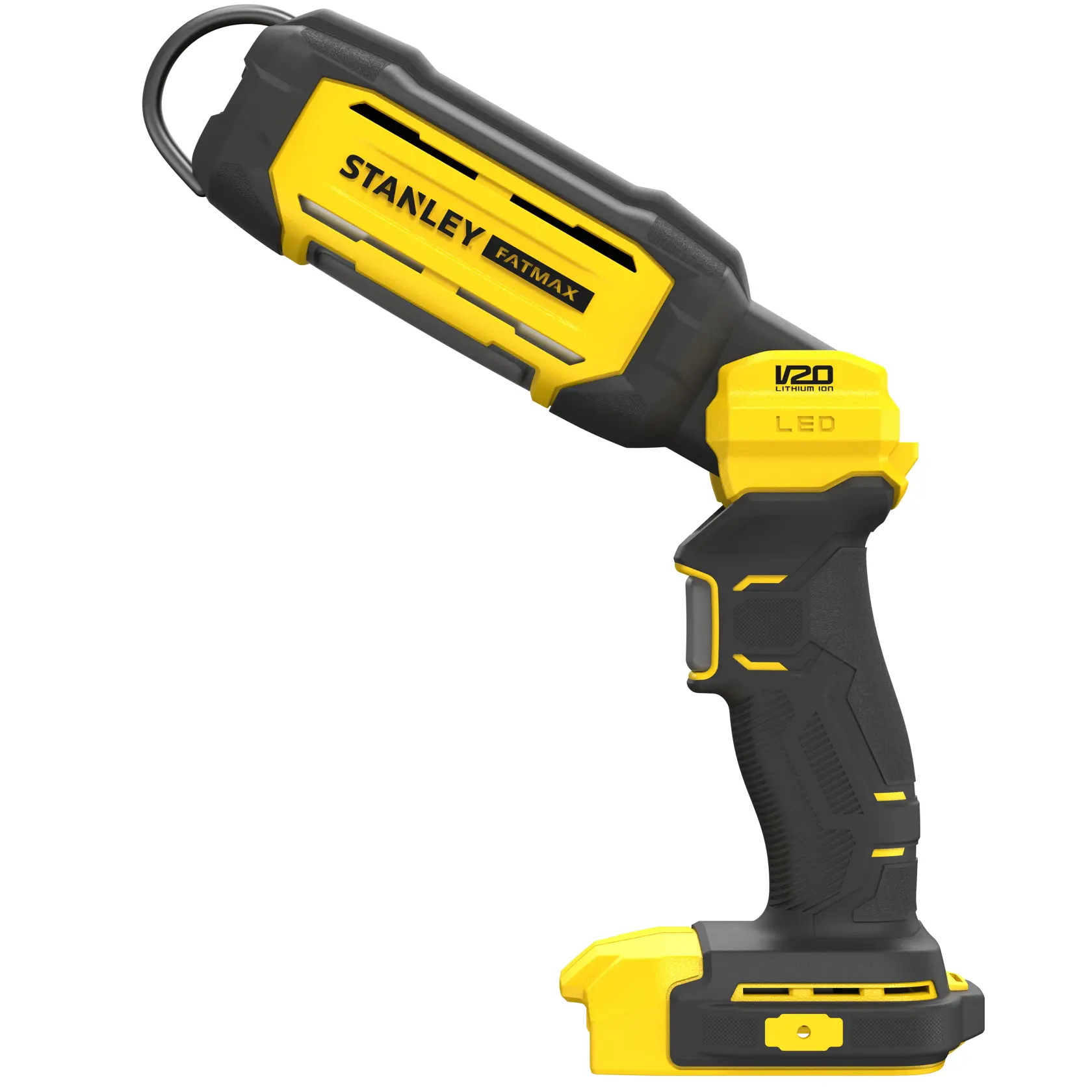 STANLEY SFMCL050B kabellose LED-Arbeitsleuchte, schwarz und gelb, Seitenansicht, mit ergonomischem Griff.