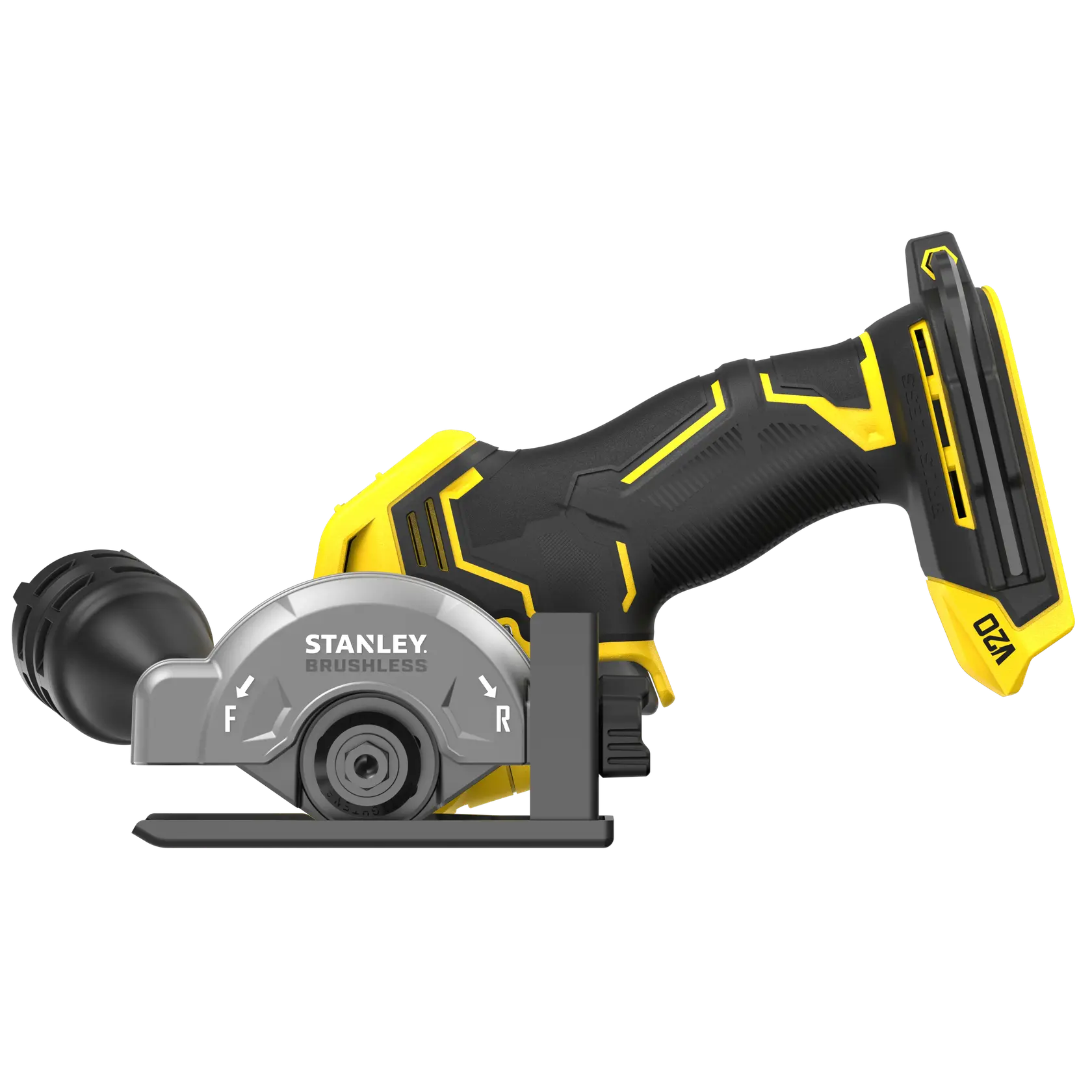 Stanley SFMCM300B bürstenloser kabelloser Mini-Schneider Seitenansicht auf weißem Hintergrund.