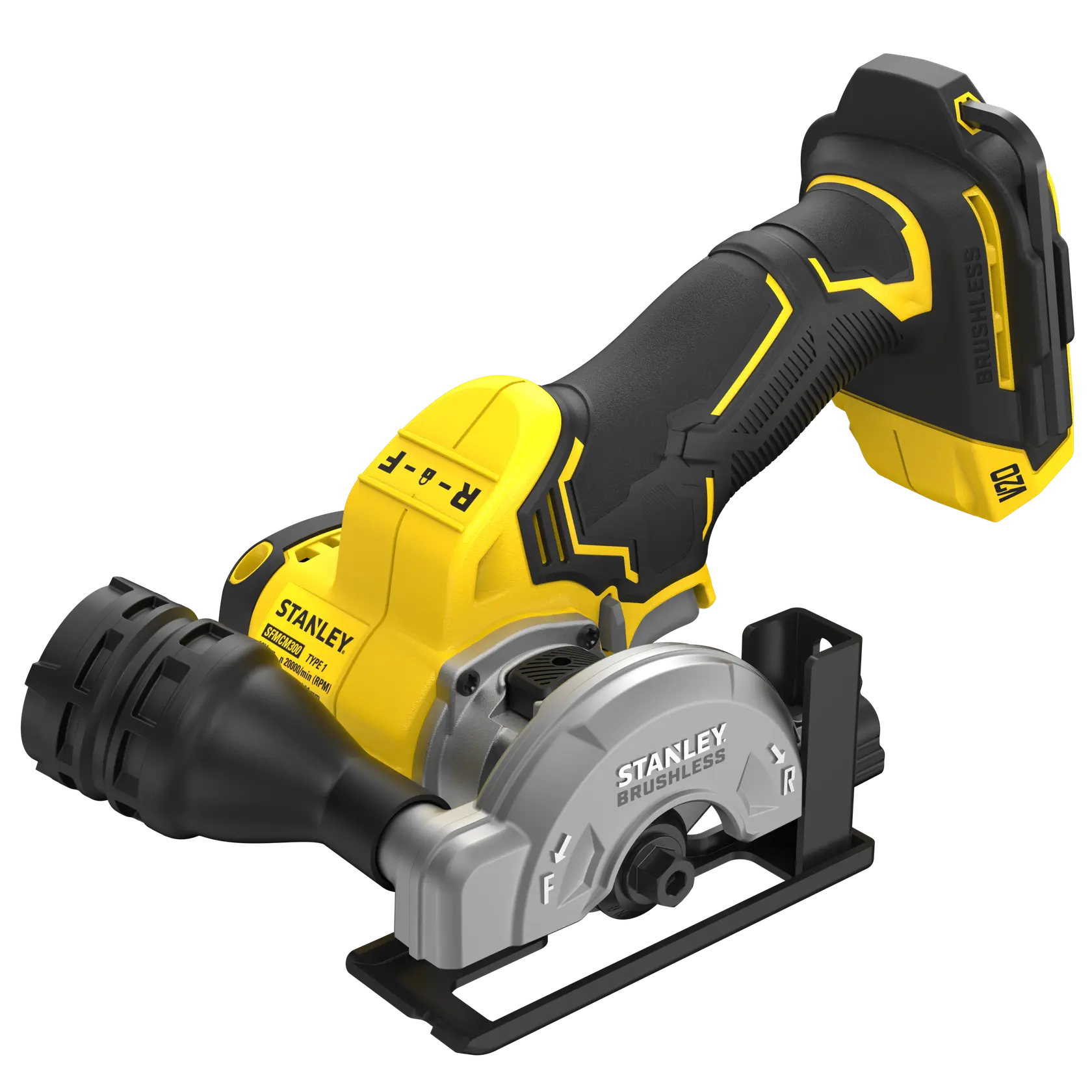 STANLEY SFMCM300B Fotografie eines kabellosen Brushless-Betonsäge, Seitenansicht vor weißem Hintergrund.
