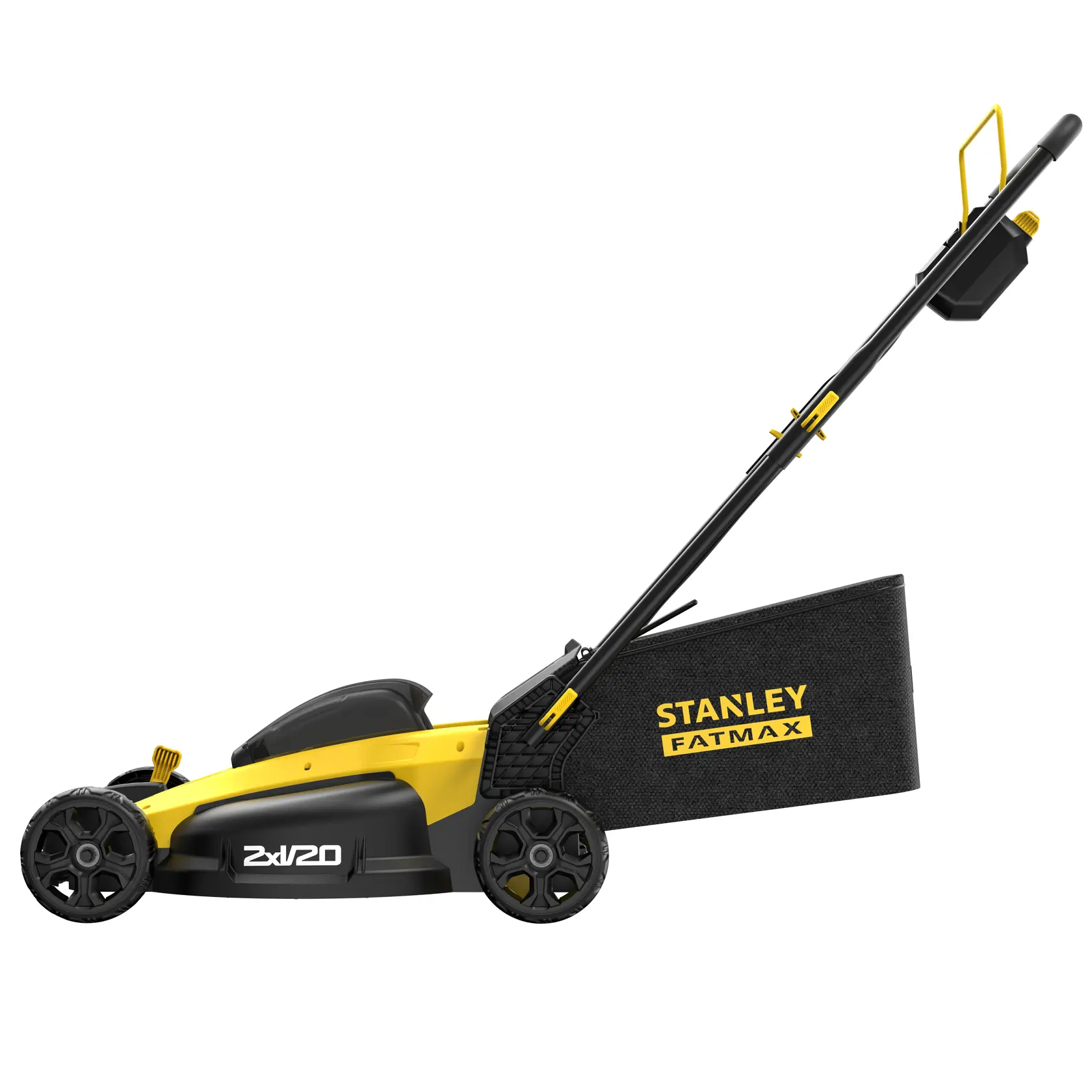 Seitenansicht eines gelb-schwarzen STANLEY FATMAX Akku-Rasenmähers mit Auffangbehälter.