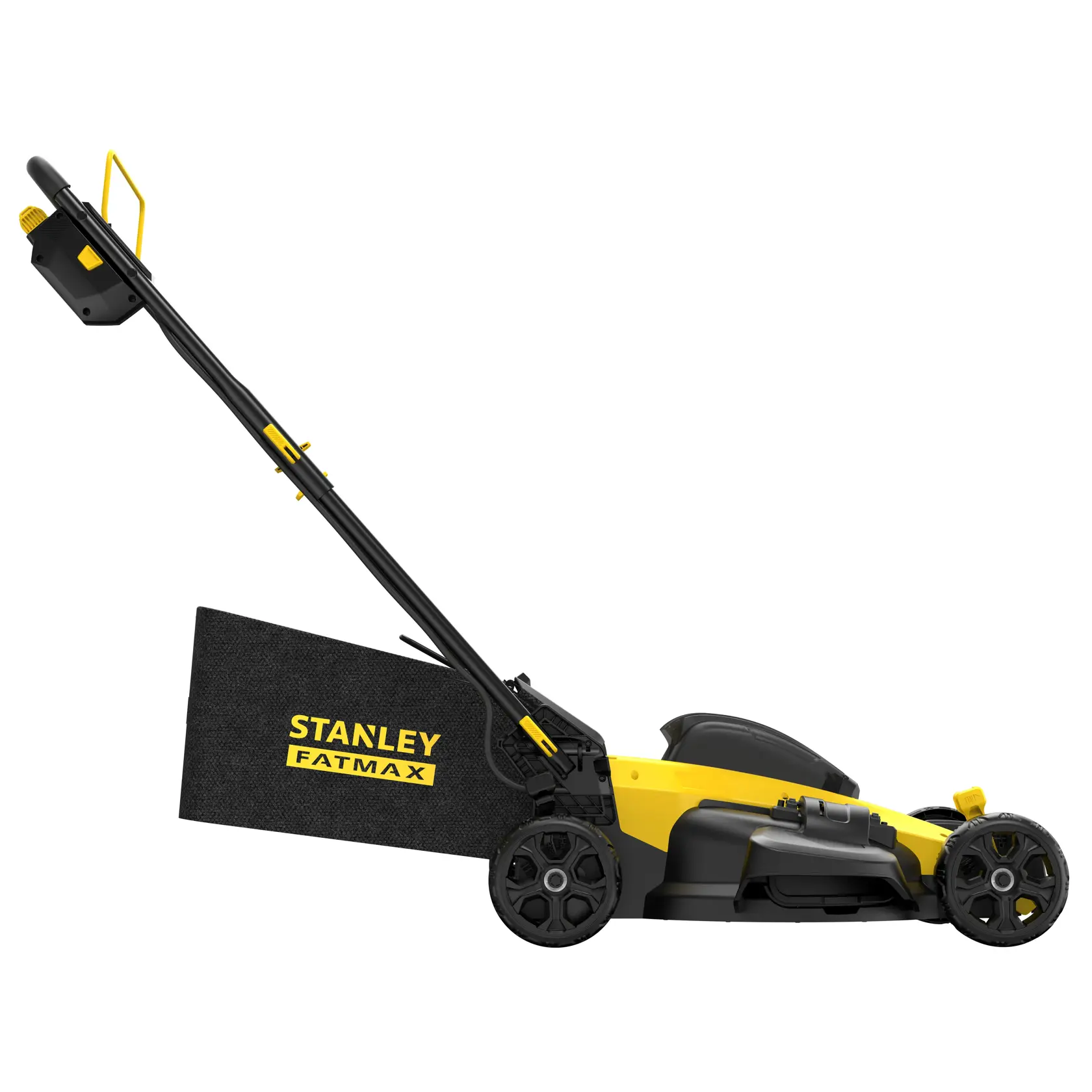 Stanley Fatmax Akku-Rasenmäher mit großem hinteren Grasfang und ergonomischem Griff, Seitenansicht.